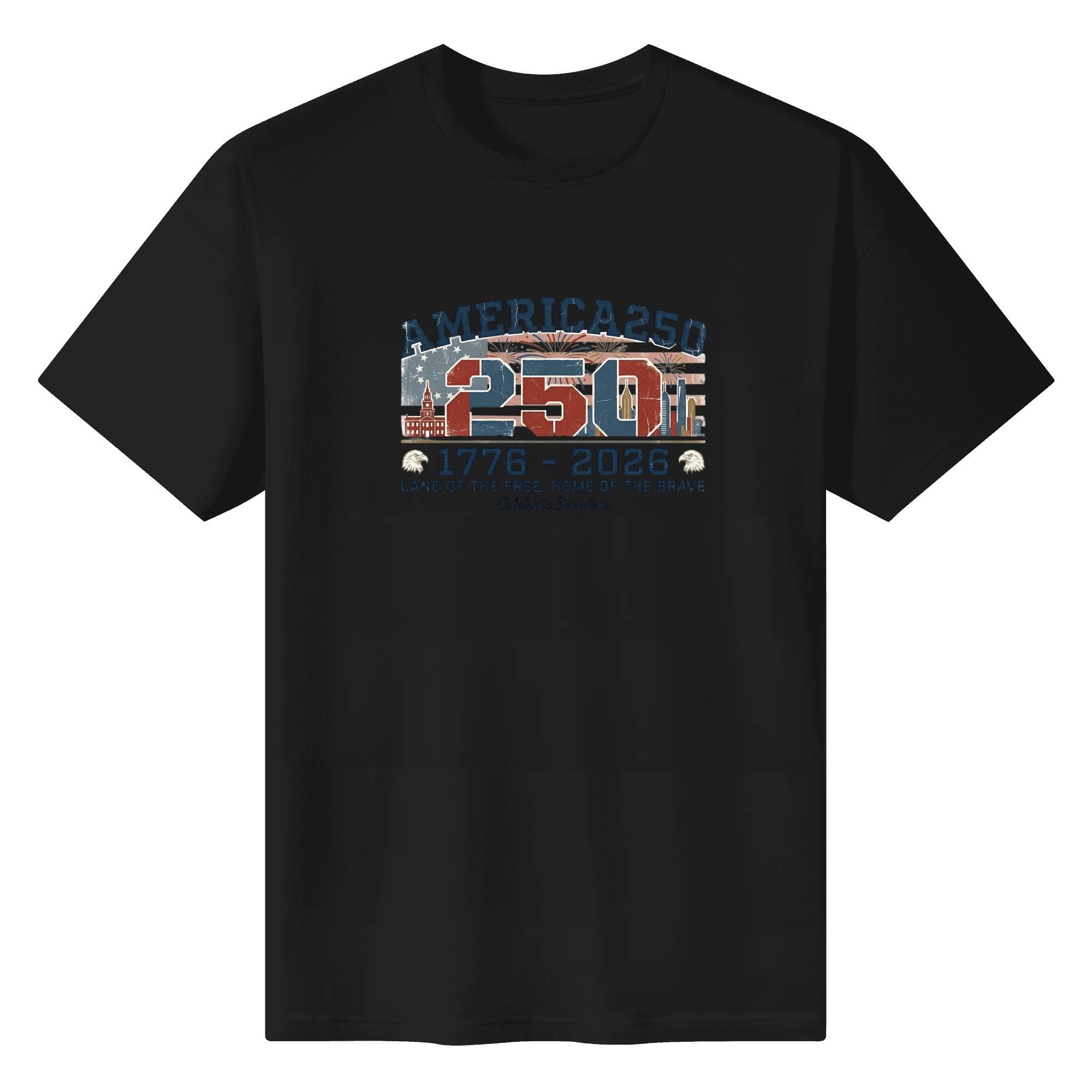 Black unisex cotton short‑sleeve t‑shirt, front striking vintage grunge‑style patriotic print with flag‑skyline‑firework 250 design and anniversary slogans, bold casual USA 250th‑anniversary tee flat lay