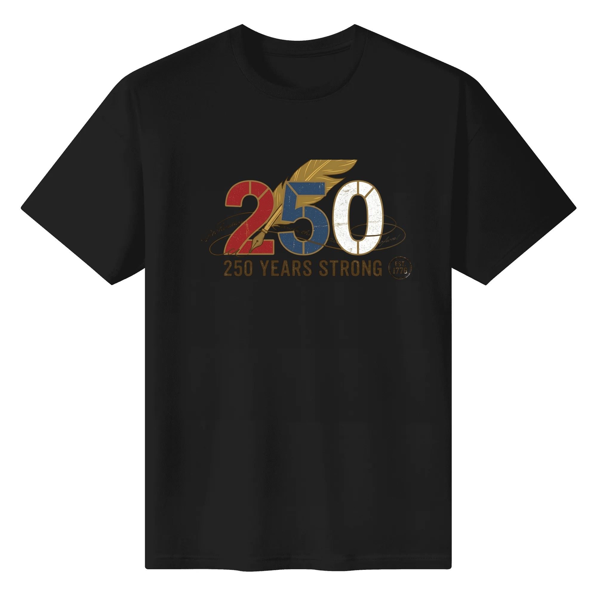 Black unisex cotton short‑sleeve t‑shirt, front eye‑catching retro quill‑feather 250 graphic print with color‑block numerals and patriotic slogans, sleek casual USA 250th‑anniversary tee flat lay