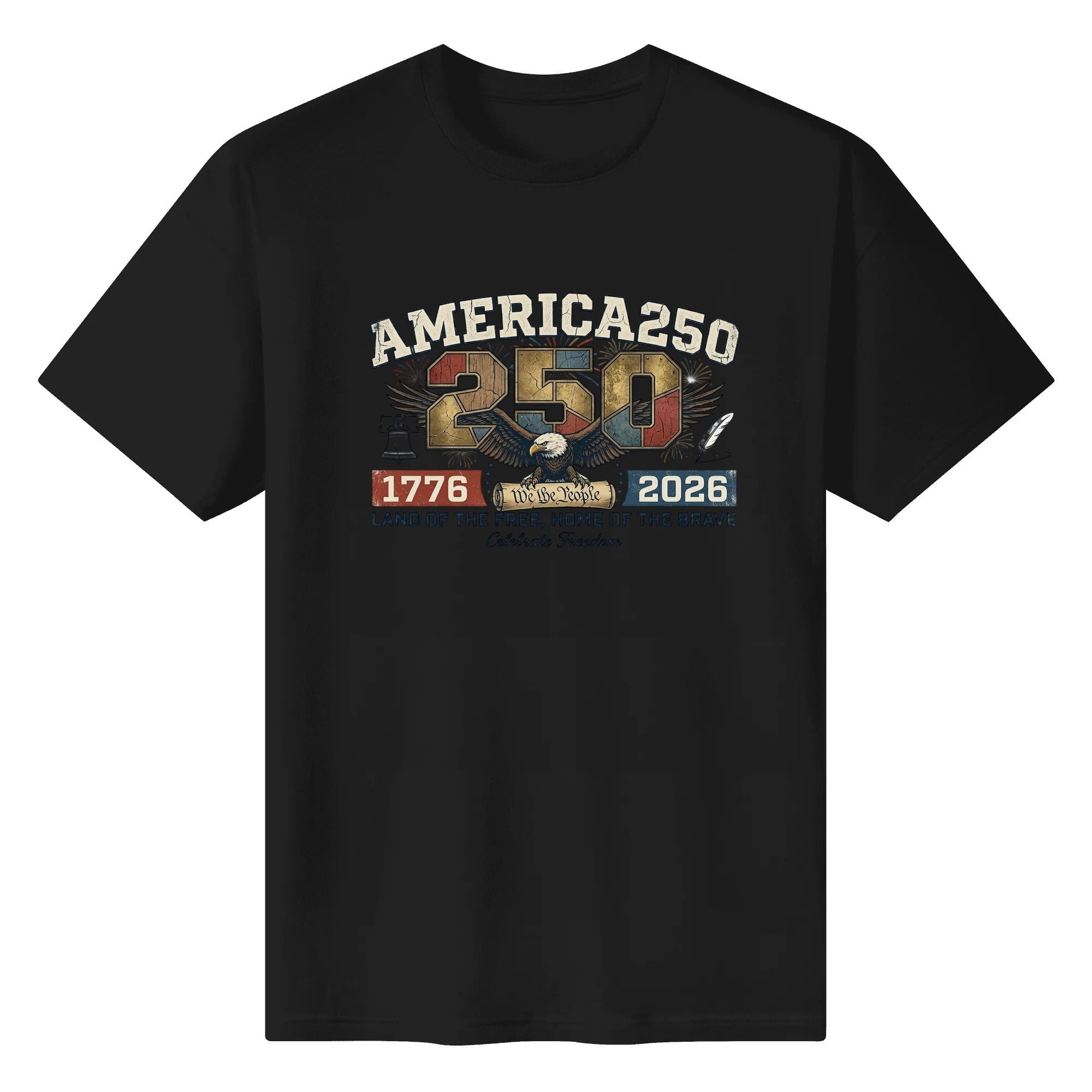 Black unisex cotton short‑sleeve t‑shirt, front striking vintage eagle‑bell‑scroll patriotic print with patchwork‑style numerals and anniversary mottos, bold casual USA 250th‑anniversary tee flat lay