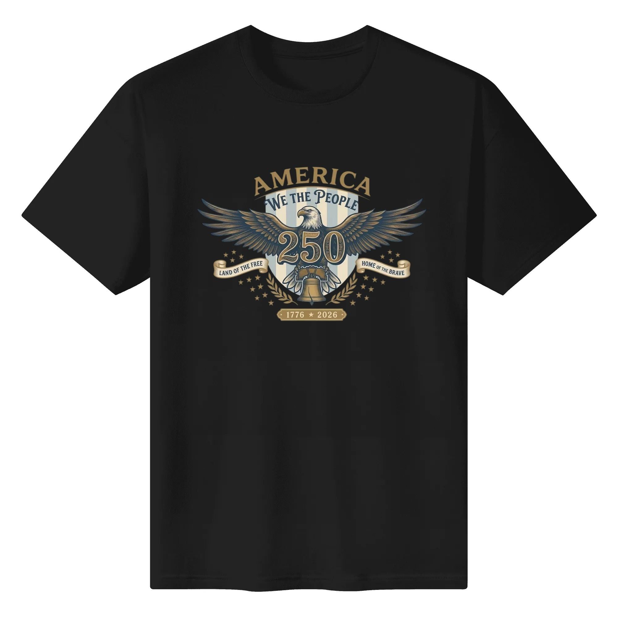 Black unisex cotton short‑sleeve t‑shirt, front striking symmetrical eagle‑bell emblem print with golden vintage detailing and patriotic slogans, sleek premium USA 250th‑anniversary tee flat lay