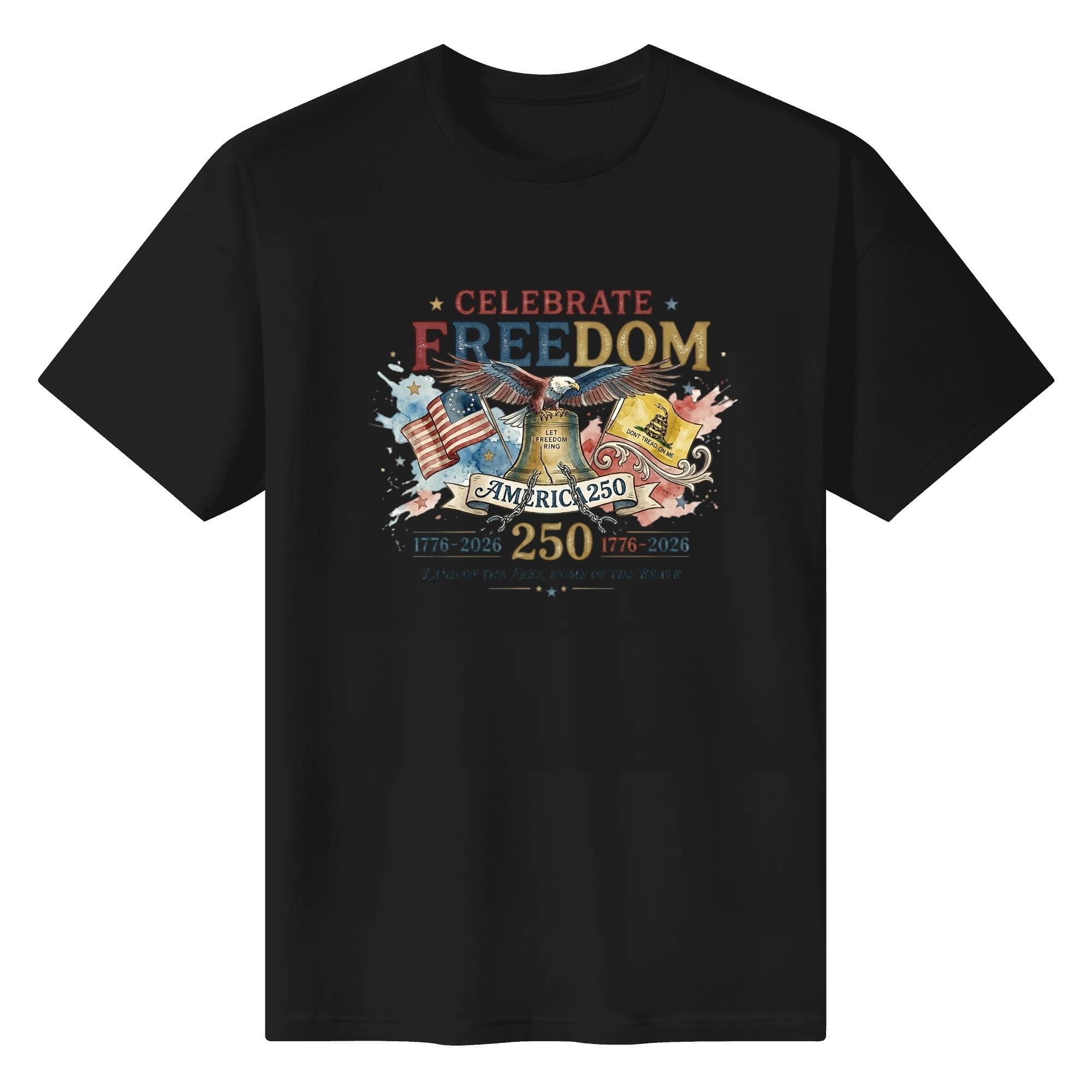 Black unisex cotton short‑sleeve t‑shirt, front eye‑catching watercolor eagle‑bell‑flag print with splatter texture and anniversary slogans, bold lively USA 250th‑anniversary tee flat lay