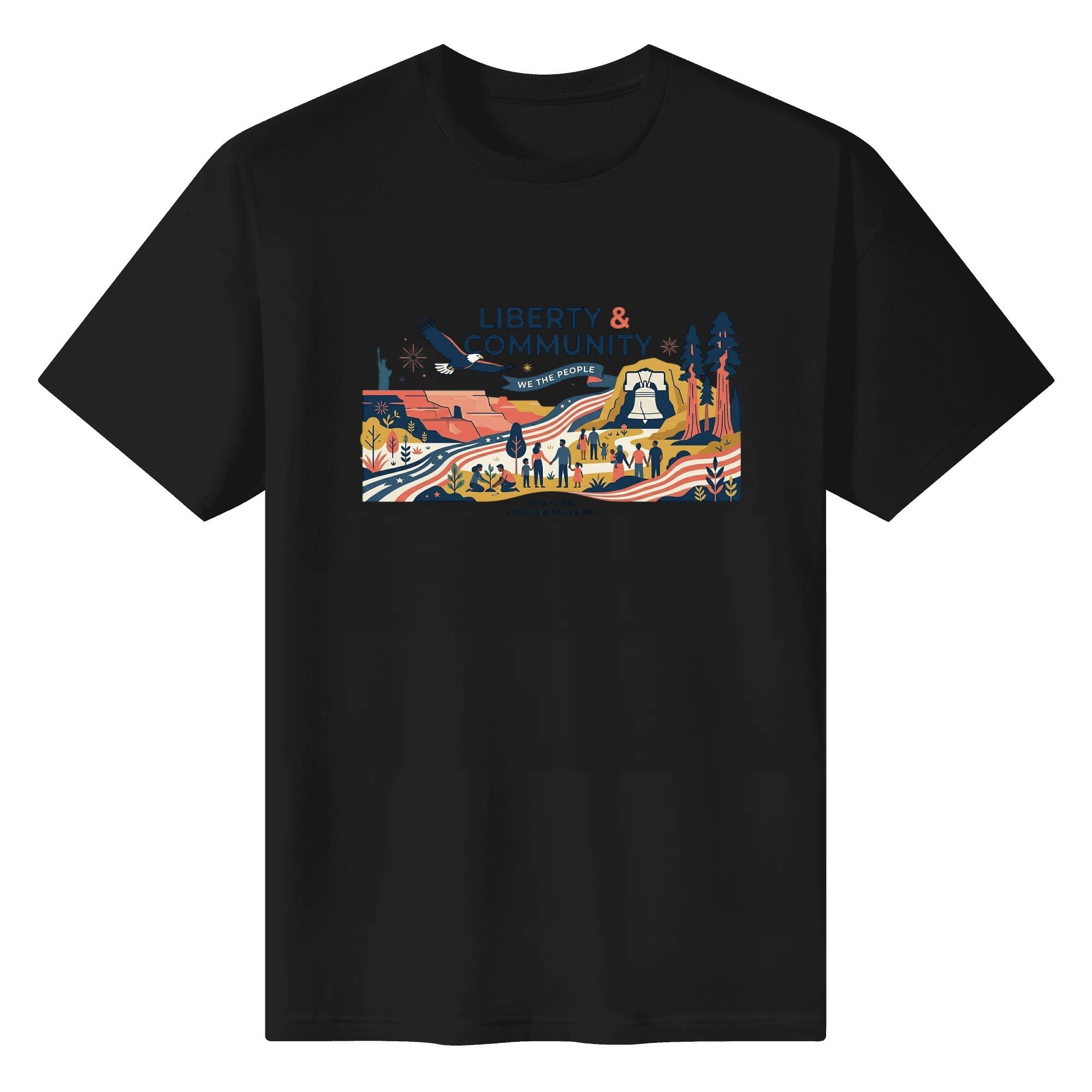 Black unisex cotton short‑sleeve t‑shirt, front eye‑catching modern flat‑art landscape patriotic print with eagle‑liberty‑community elements, sleek fresh USA 250th‑anniversary tee flat lay