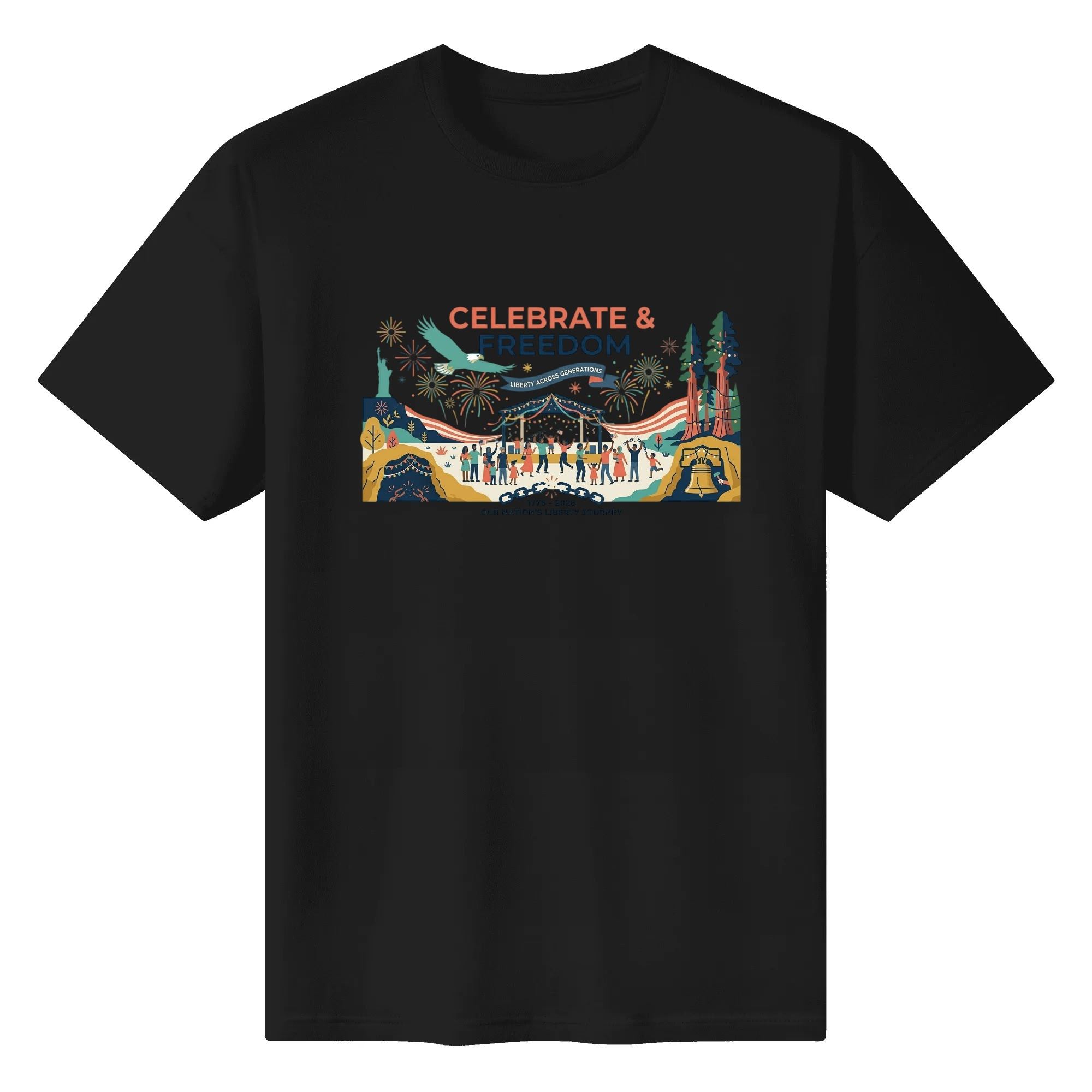 Black unisex cotton short‑sleeve t‑shirt, front eye‑catching colorful flat‑style celebration‑scene print with eagle‑liberty‑firework elements, lively casual USA 250th‑anniversary tee flat lay