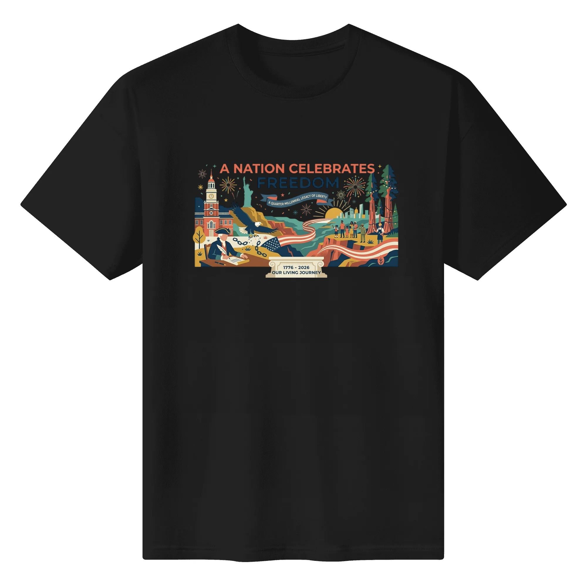 Black unisex cotton short‑sleeve t‑shirt, front eye‑catching panoramic flat‑style historical‑scene print with eagle‑liberty‑flag‑landscape elements, narrative casual USA 250th‑anniversary tee flat lay