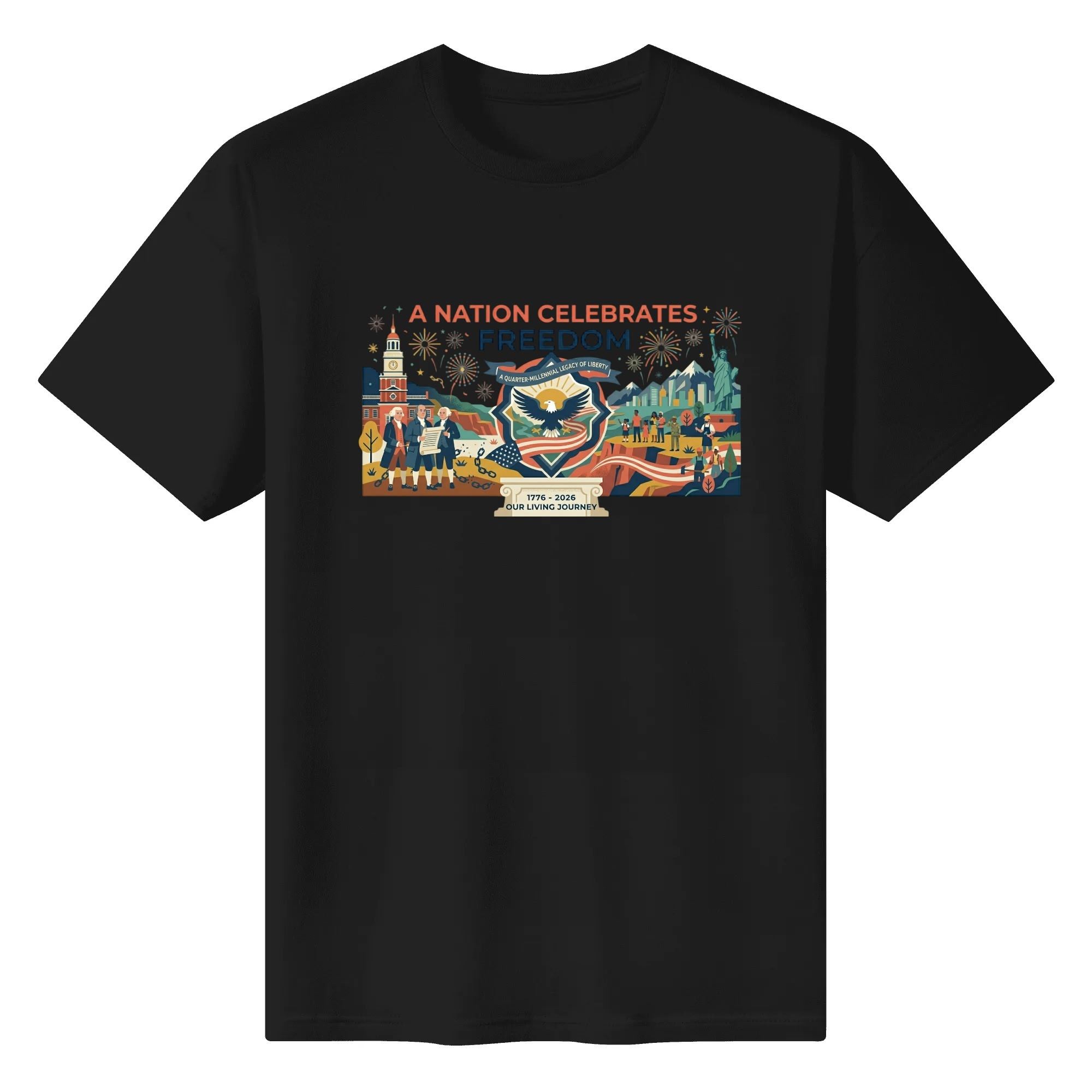 Black unisex cotton short‑sleeve t‑shirt, front eye‑catching flat‑style shield‑eagle historical‑celebration print with founding‑era and modern national symbols, bold storytelling casual USA 250th‑anniversary tee flat lay