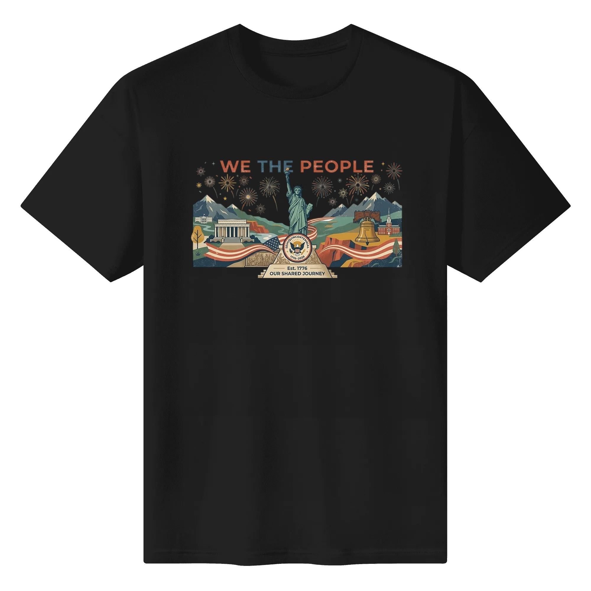 Black unisex cotton short‑sleeve t‑shirt, front eye‑catching flat‑style national‑landscape print with liberty‑bell‑flag‑landmark elements, sleek unified USA 250th‑anniversary tee flat lay