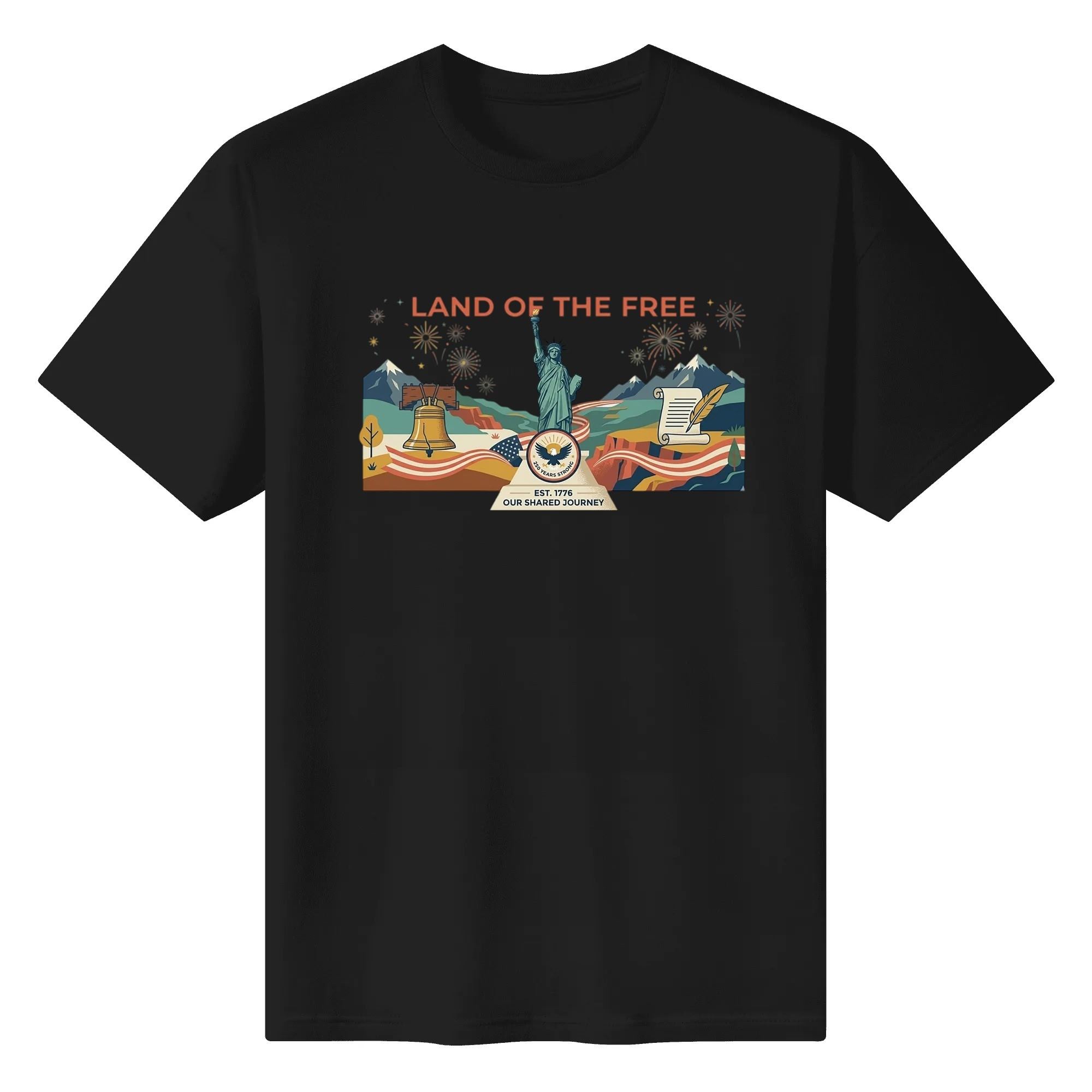 Black unisex cotton short‑sleeve t‑shirt, front eye‑catching flat‑style freedom‑landscape print with liberty‑bell‑scroll‑eagle elements, bold casual USA 250th‑anniversary tee flat lay