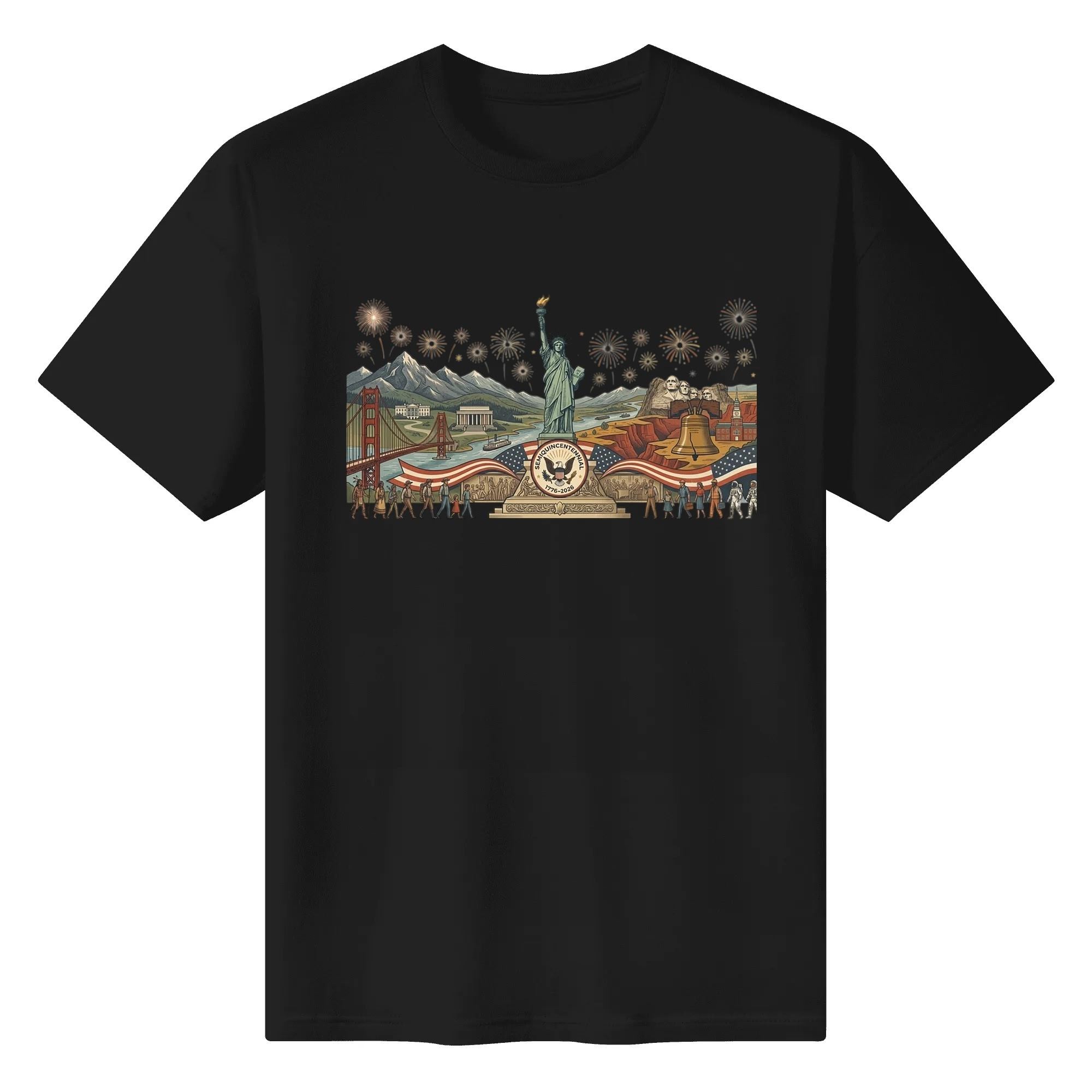 Black unisex cotton short‑sleeve t‑shirt, front eye‑catching panoramic US‑landmark print with liberty‑bell‑flag‑monument elements, bold grand casual USA 250th‑anniversary tee flat lay