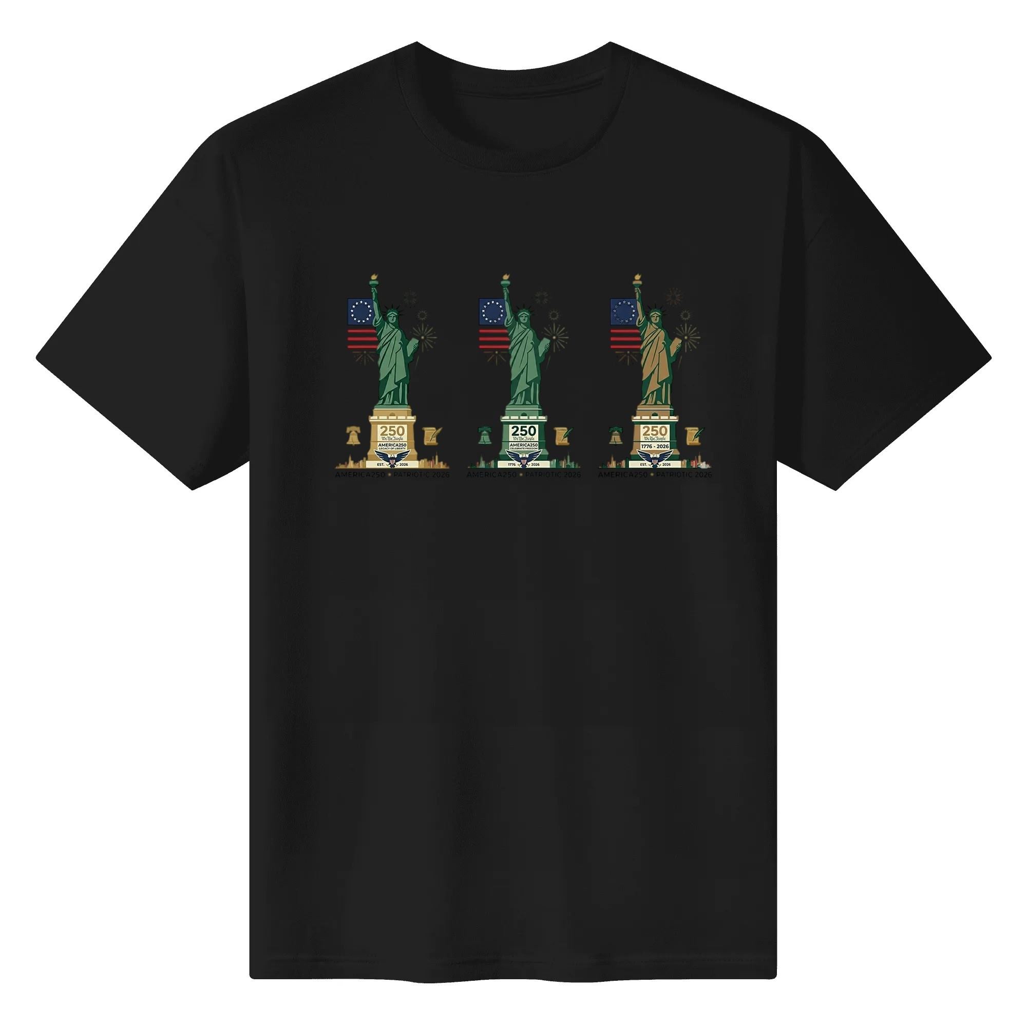 Black unisex cotton short‑sleeve t‑shirt, front eye‑catching triple‑liberty‑statue print with flag‑firework‑anniversary elements, sleek symmetrical casual USA 250th‑anniversary tee flat lay