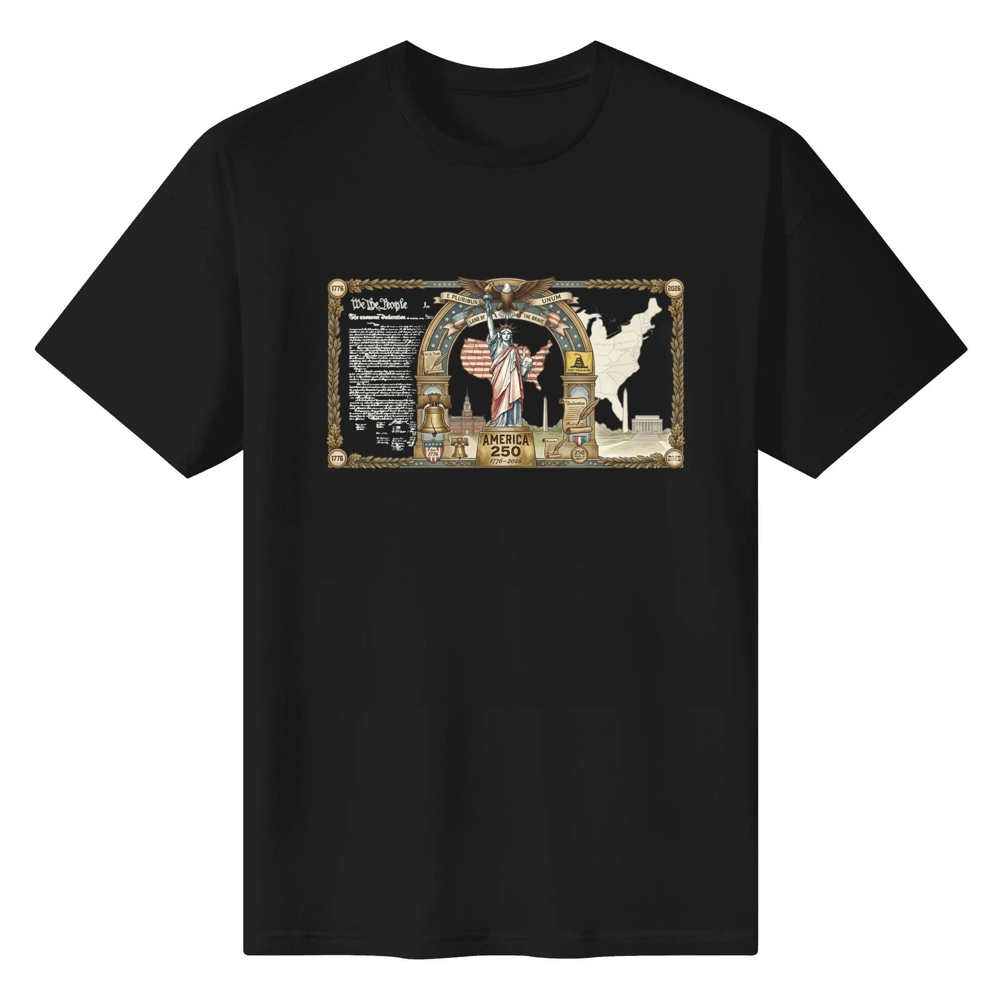 Black unisex cotton short‑sleeve t‑shirt, front eye‑catching ornate framed liberty‑emblem print with vintage currency‑style detailing and national heritage elements, bold premium USA 250th‑anniversary tee flat lay