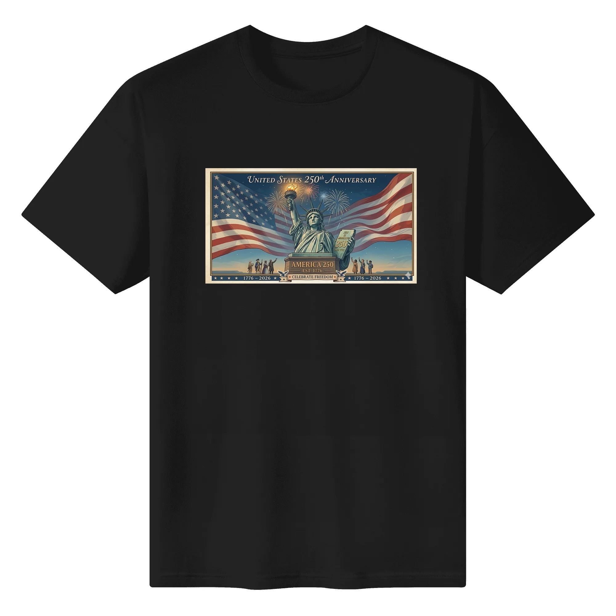 Black unisex cotton short‑sleeve t‑shirt, front eye‑catching framed retro‑poster liberty‑flag print with fireworks and anniversary‑marking details, bold timeless USA 250th‑anniversary tee flat lay