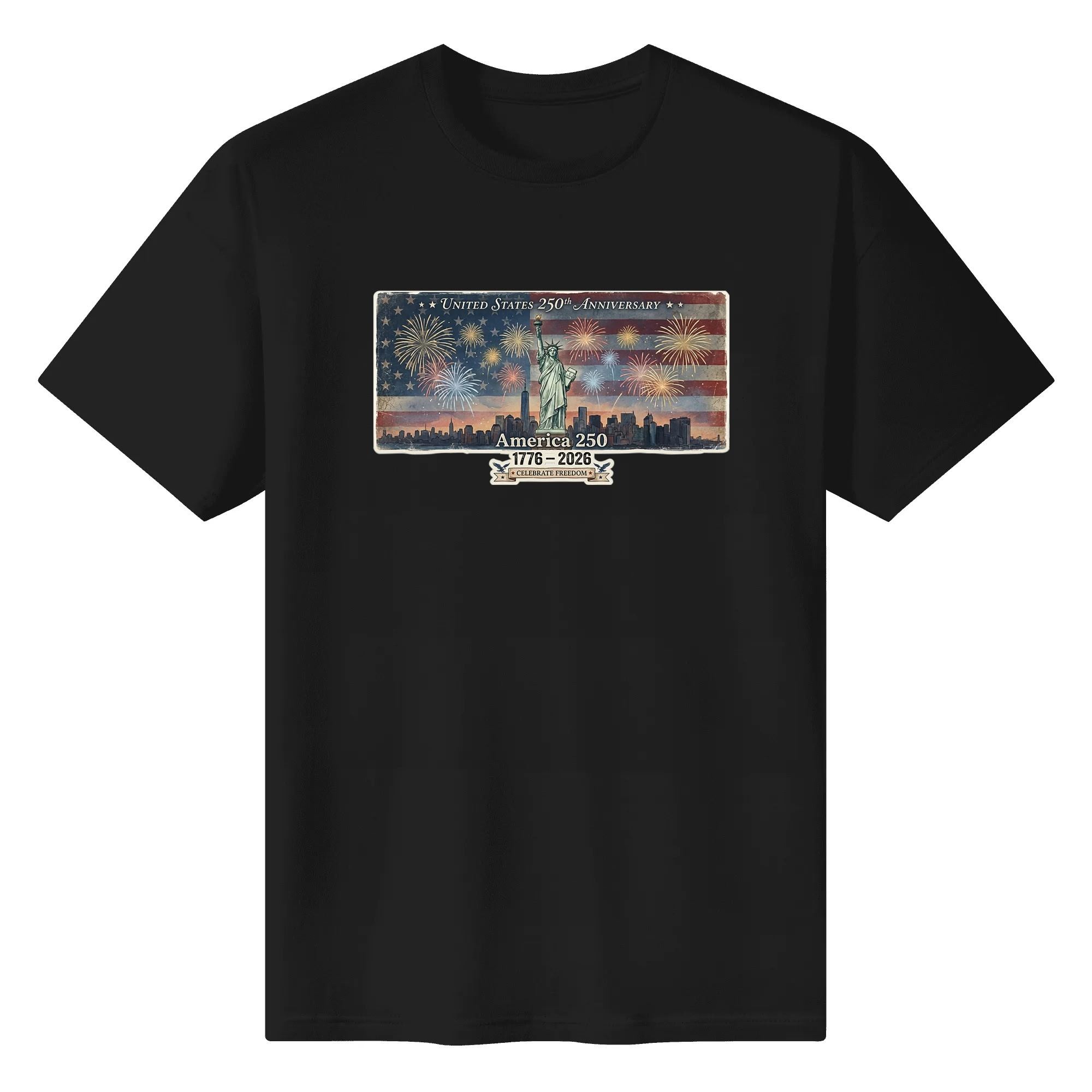 Black unisex cotton short‑sleeve t‑shirt, front eye‑catching weathered flag‑skyline‑liberty print with firework accents and retro grunge detailing, bold nostalgic USA 250th‑anniversary tee flat lay