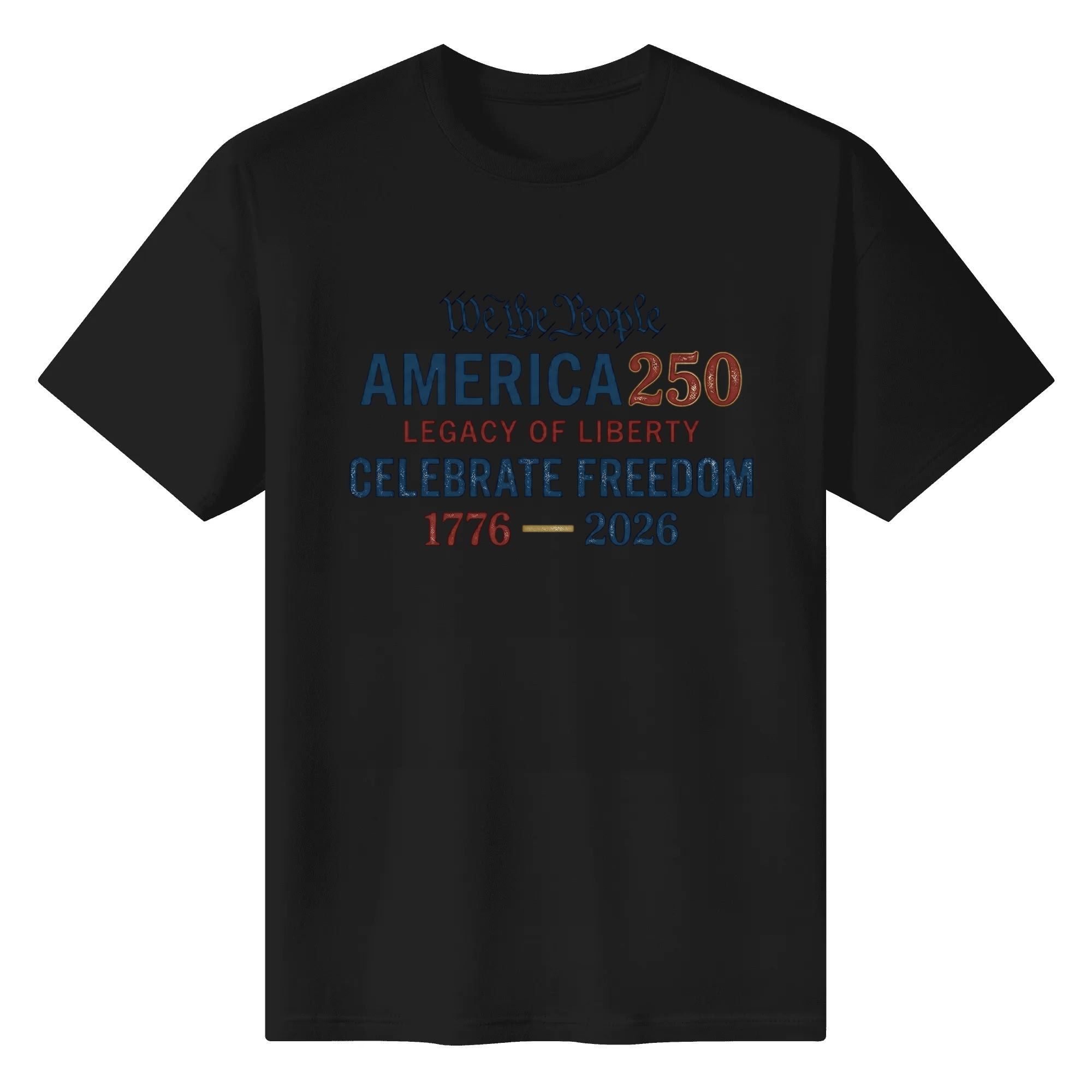 Black unisex cotton short‑sleeve t‑shirt, front eye‑catching vintage‑style stacked‑typography print with faded patriotic lettering, sleek simple USA 250th‑anniversary tee flat lay