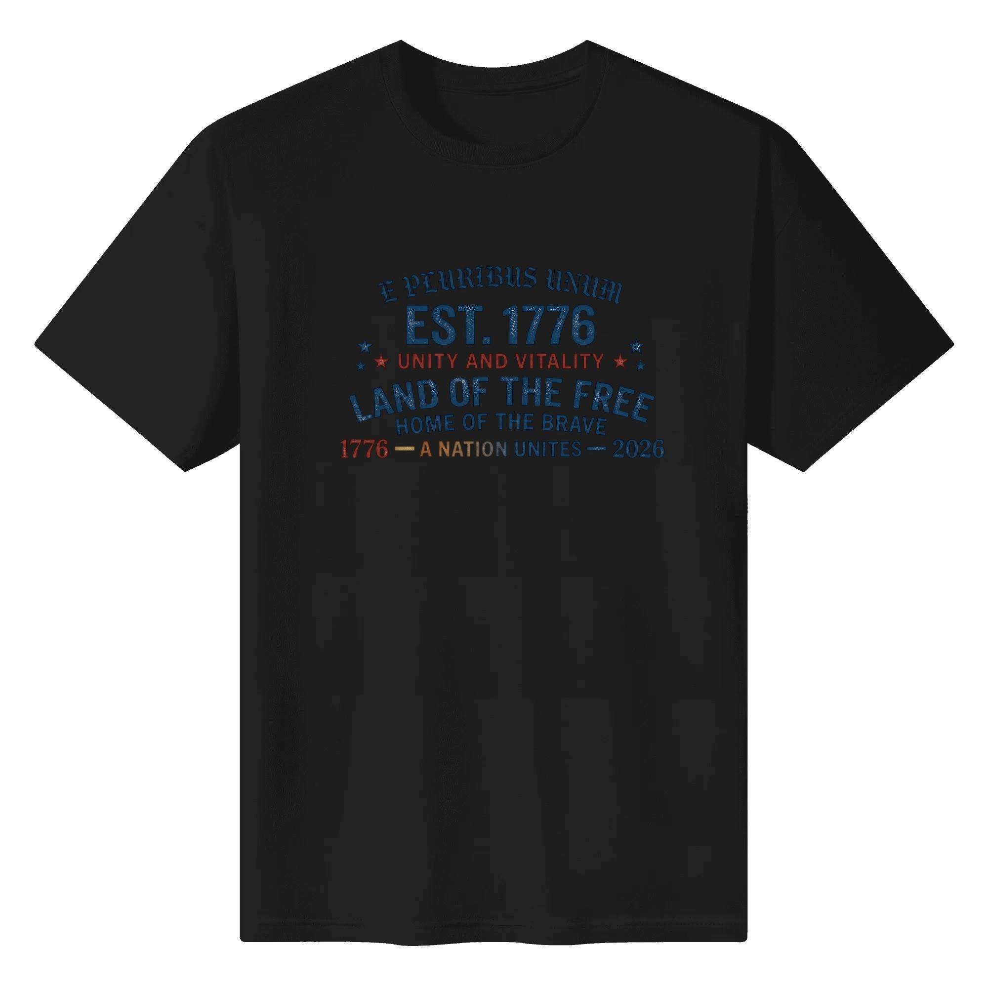 Black unisex cotton short‑sleeve t‑shirt, front eye‑catching arched vintage‑typography print with faded patriotic lettering and star accents, sleek unity‑focused USA 250th‑anniversary tee flat lay