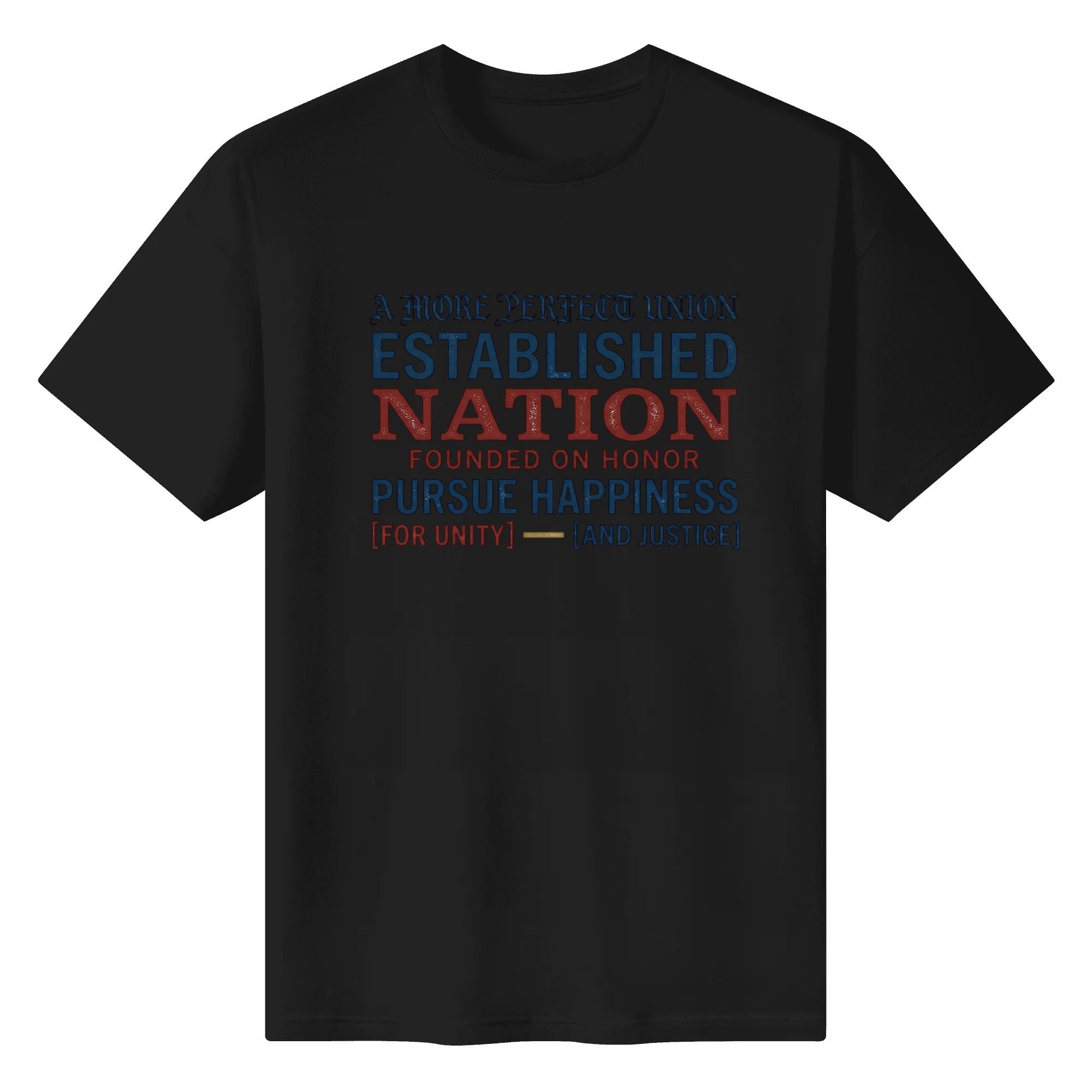 Black unisex cotton short‑sleeve t‑shirt, front eye‑catching vintage stacked‑typography print with faded constitutional‑quote lettering, simple meaningful USA 250th‑anniversary tee flat lay