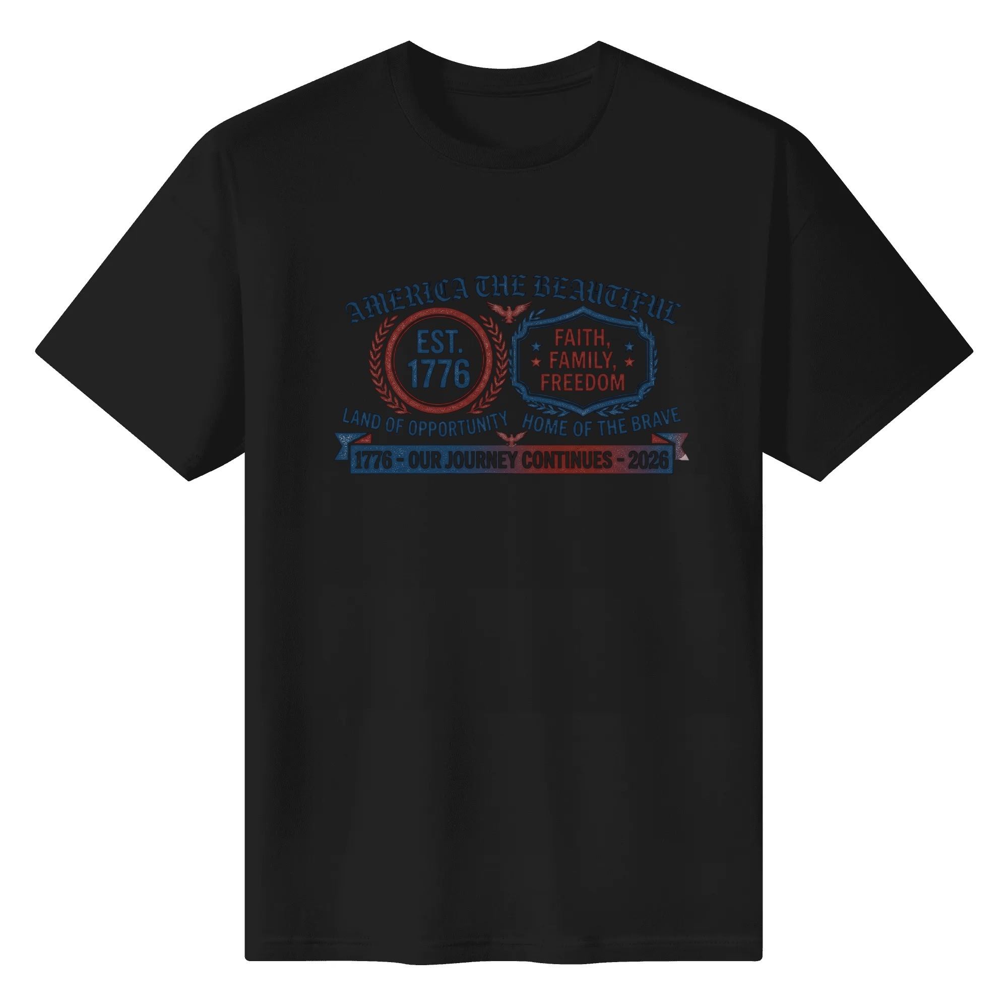 Black unisex cotton short‑sleeve t‑shirt, front eye‑catching distressed wreath‑badge typography print with red‑white‑blue patriotic lettering, sleek family‑focused USA 250th‑anniversary tee flat lay