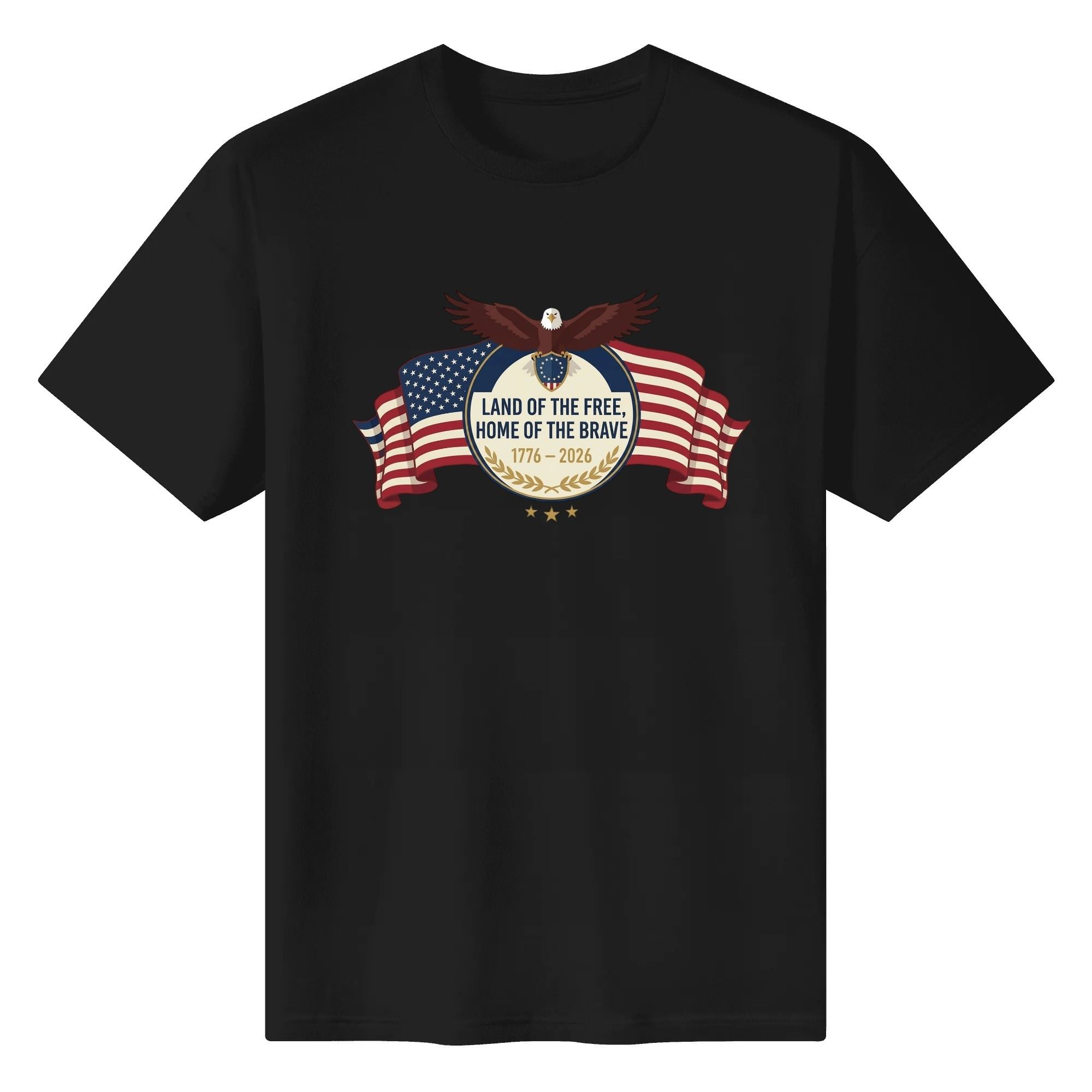 Black unisex cotton short‑sleeve t‑shirt, front eye‑catching eagle‑flag‑badge print with clean retro detailing, bold classic USA 250th‑anniversary tee flat lay