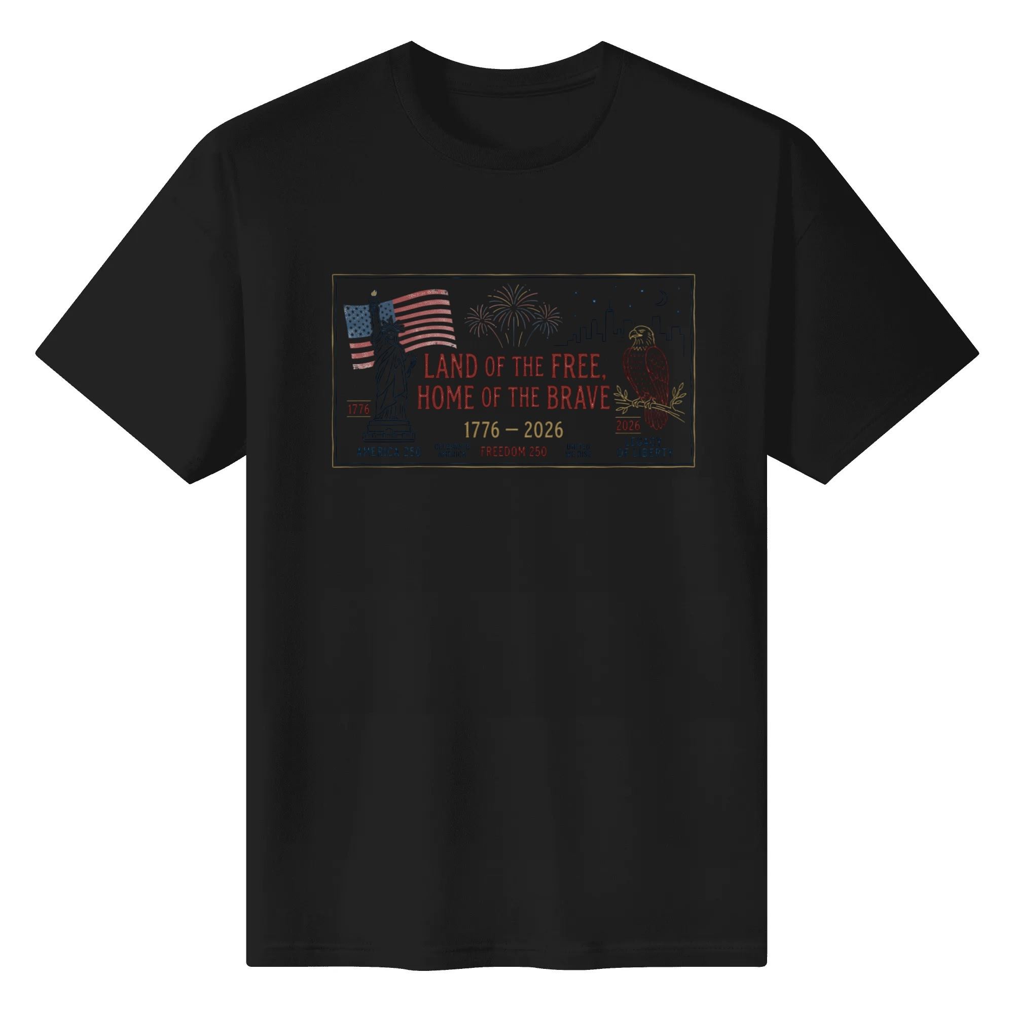 Black unisex cotton short‑sleeve t‑shirt, front eye‑catching faded sketch‑style framed liberty‑eagle print with subtle vintage detailing, sleek casual USA 250th‑anniversary tee flat lay