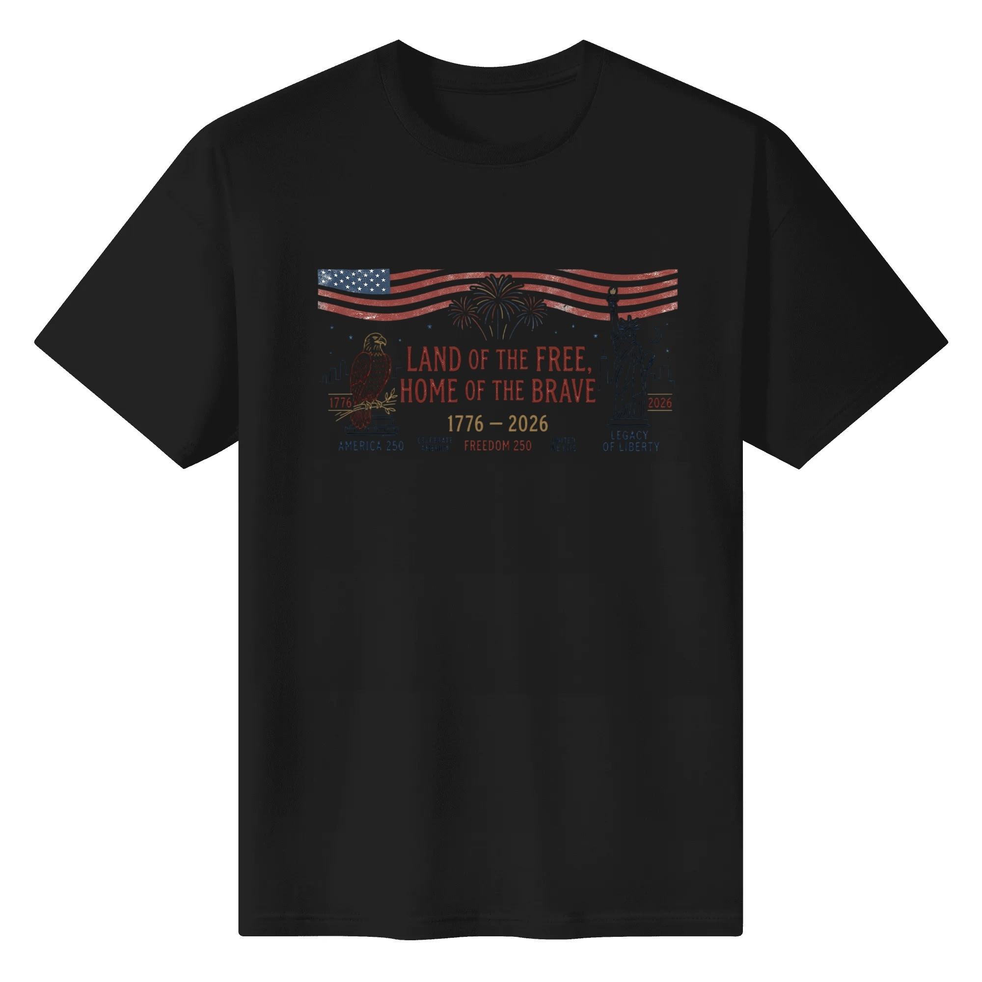 Black unisex cotton short‑sleeve t‑shirt, front eye‑catching faded distressed flag‑eagle‑liberty print with retro grunge detailing, sleek casual USA 250th‑anniversary tee flat lay