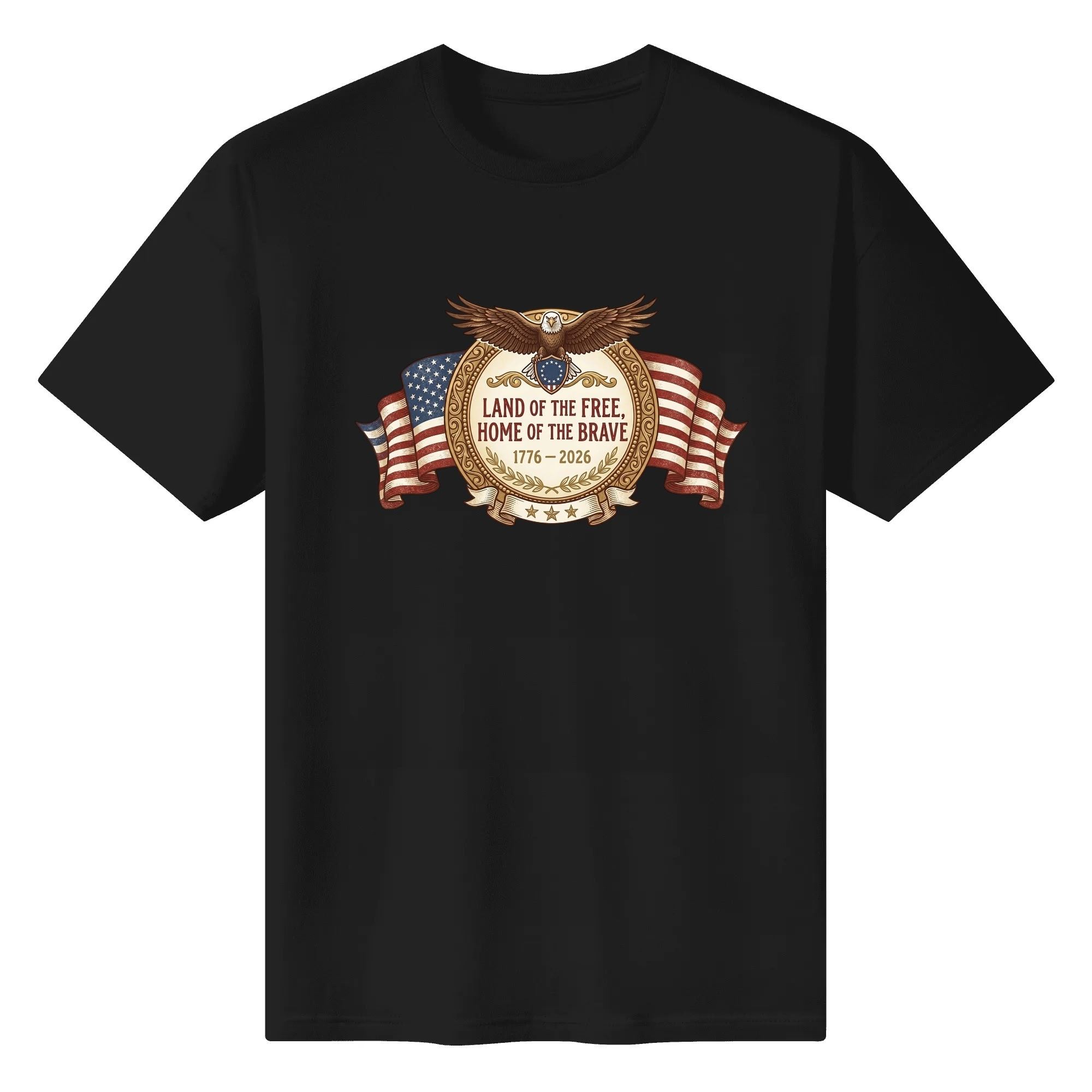 Black unisex cotton short‑sleeve t‑shirt, front eye‑catching vintage eagle‑flag‑laurel badge print with polished retro detailing, bold premium USA 250th‑anniversary tee flat lay