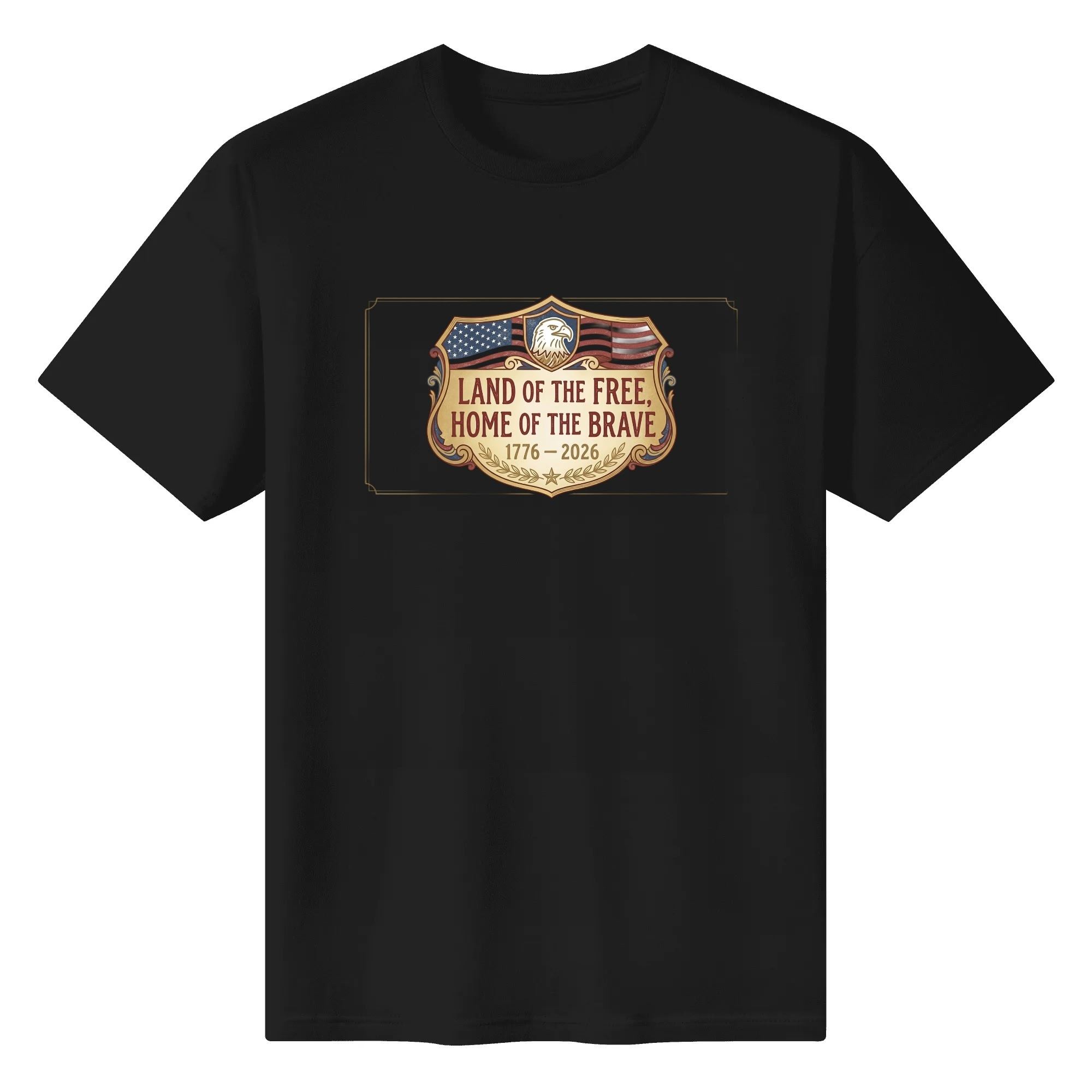 Black unisex cotton short‑sleeve t‑shirt, front eye‑catching framed shield‑badge eagle‑flag print with premium golden‑trim detailing, bold refined USA 250th‑anniversary tee flat lay