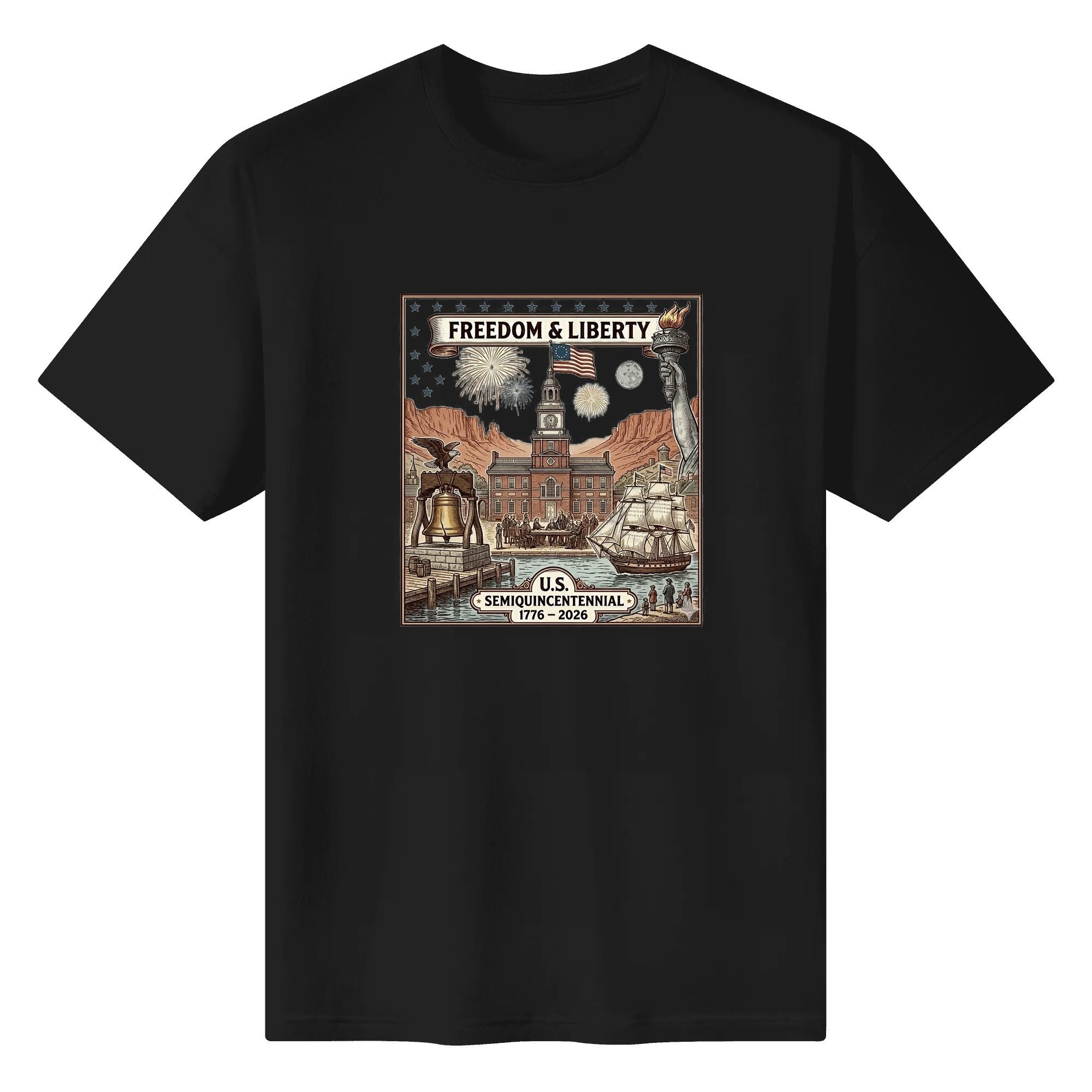 Black unisex cotton short‑sleeve t‑shirt, front eye‑catching antique‑style framed historical‑scene print with rich patriotic heritage details, bold storytelling USA 250th‑anniversary tee flat lay