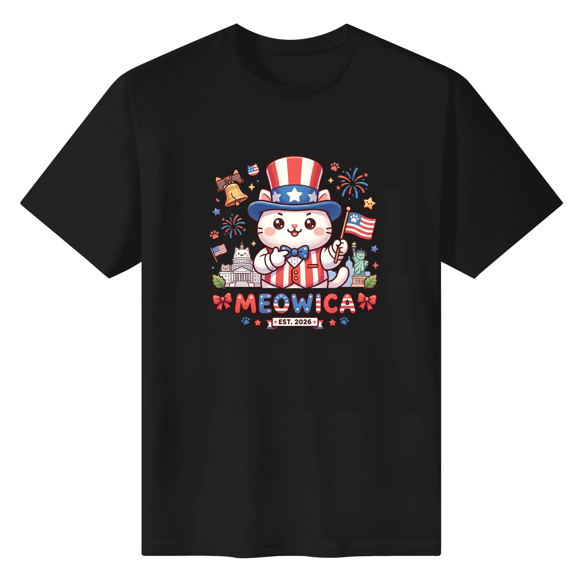Black unisex cotton short‑sleeve t‑shirt, front eye‑catching colorful cartoon cat Meowica print with fun patriotic detailing, playful novelty USA 250th‑anniversary tee flat lay