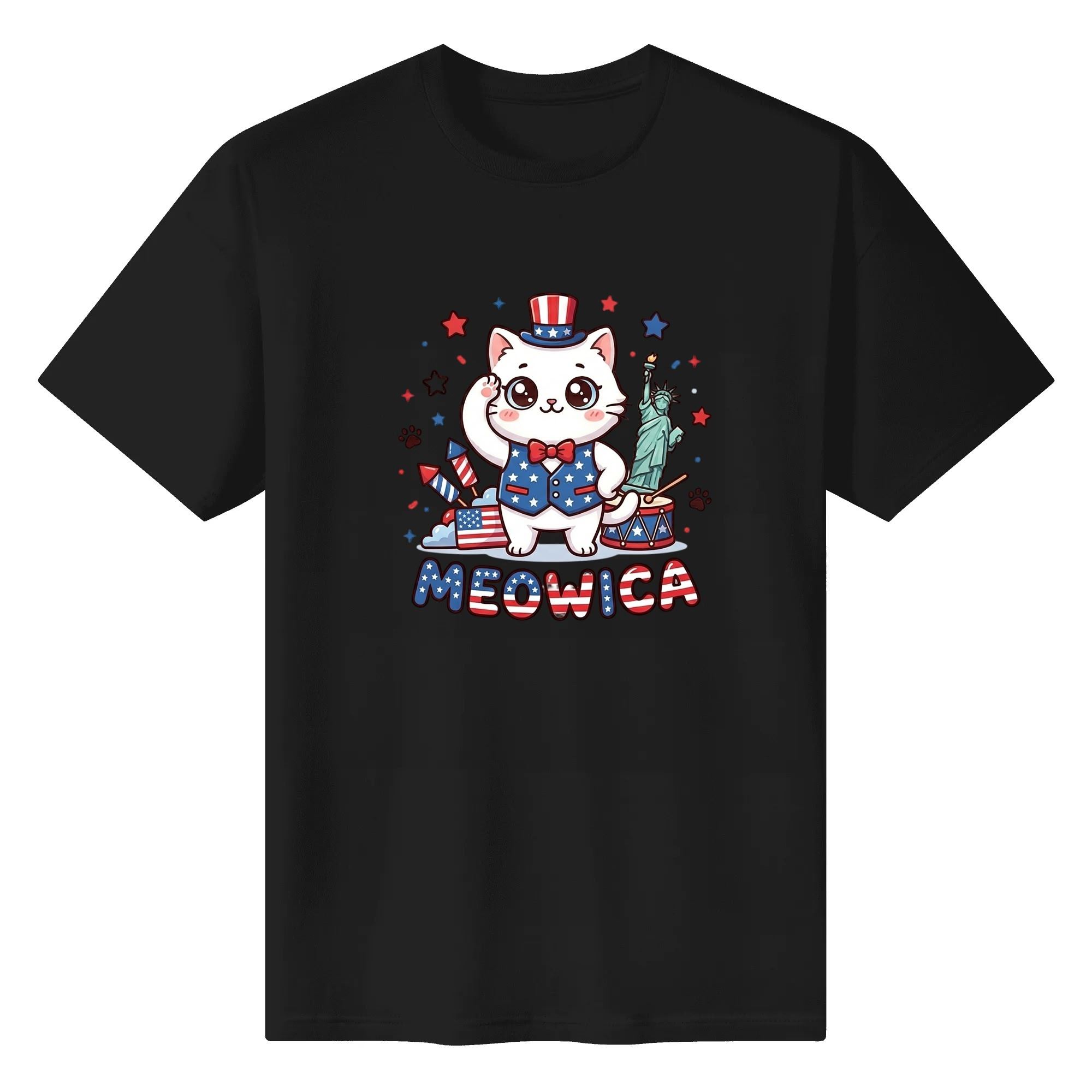 Black unisex cotton short‑sleeve t‑shirt, front eye‑catching vibrant waving cat Meowica cartoon print with cute patriotic details, playful casual USA 250th‑anniversary tee flat lay