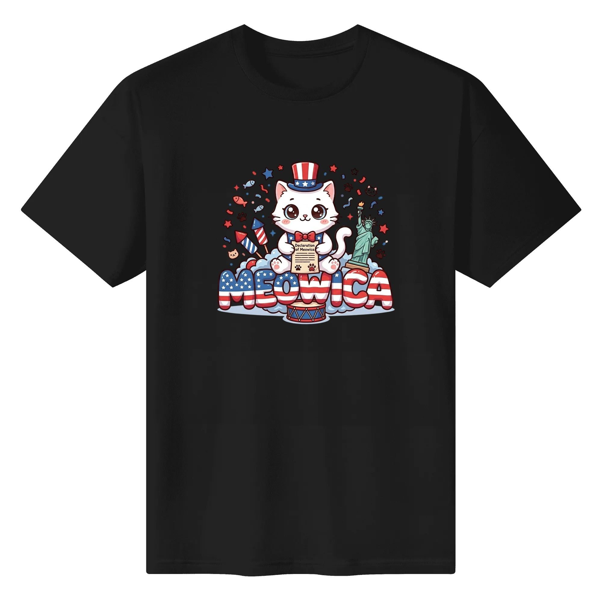 Black unisex cotton short‑sleeve t‑shirt, front eye‑catching colorful declaration‑cat Meowica cartoon print with playful patriotic details, sweet casual USA 250th‑anniversary tee flat lay