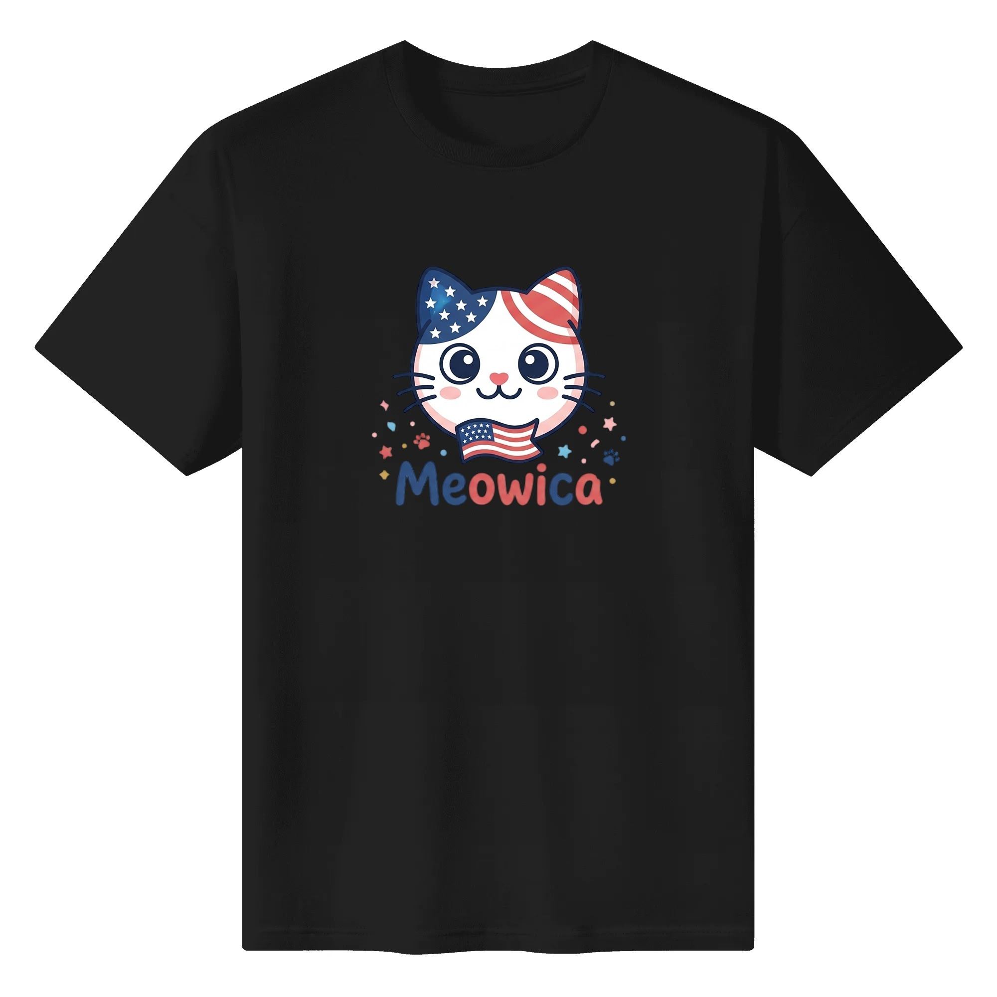Black unisex cotton short‑sleeve t‑shirt, front eye‑catching soft‑toned flag‑ear cat Meowica cartoon print with subtle confetti details, sleek casual USA 250th‑anniversary tee flat lay