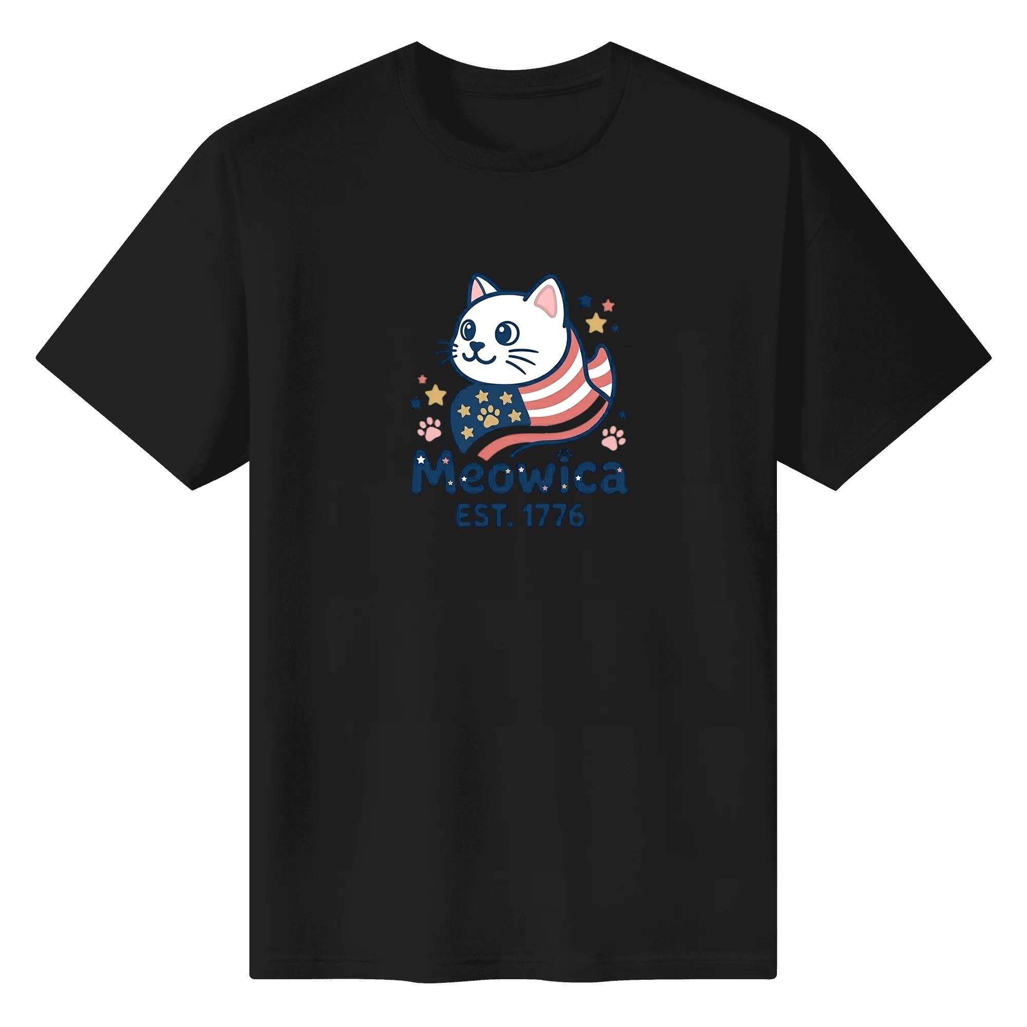 Black unisex cotton short‑sleeve t‑shirt, front eye‑catching soft‑toned flag‑scarf cat Meowica cartoon print with subtle star‑paw accents, casual USA 250th‑anniversary tee flat lay