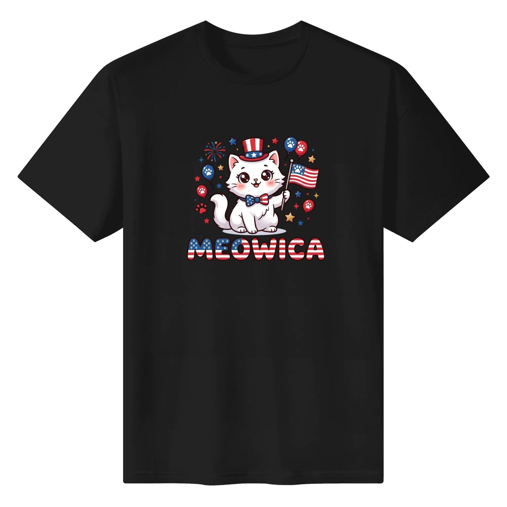 Black unisex cotton short‑sleeve t‑shirt, front eye‑catching colorful balloon‑cat Meowica cartoon print with fun patriotic detailing, lively casual USA 250th‑anniversary tee flat lay