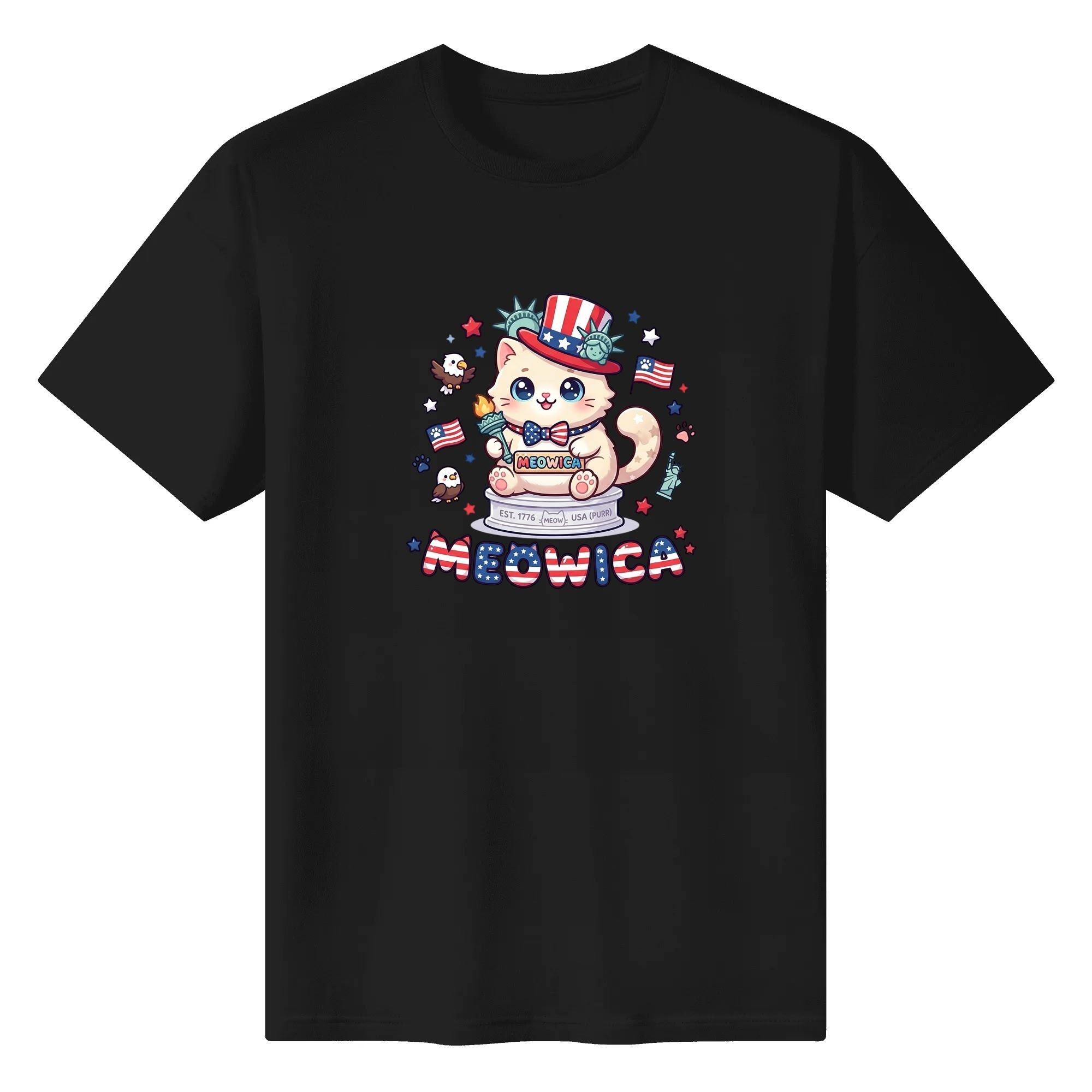 Black unisex cotton short‑sleeve t‑shirt, front eye‑catching colorful liberty‑torch cat Meowica cartoon print with rich patriotic details, lively casual USA 250th‑anniversary tee flat lay