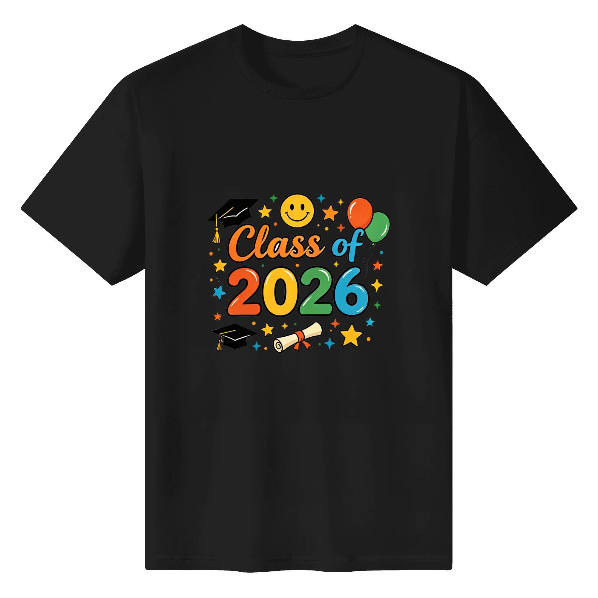 Black short-sleeve crewneck T-shirt with colorful “Class of 2026” graphic, featuring graduation caps, a diploma, balloons, stars, and a smiley face.