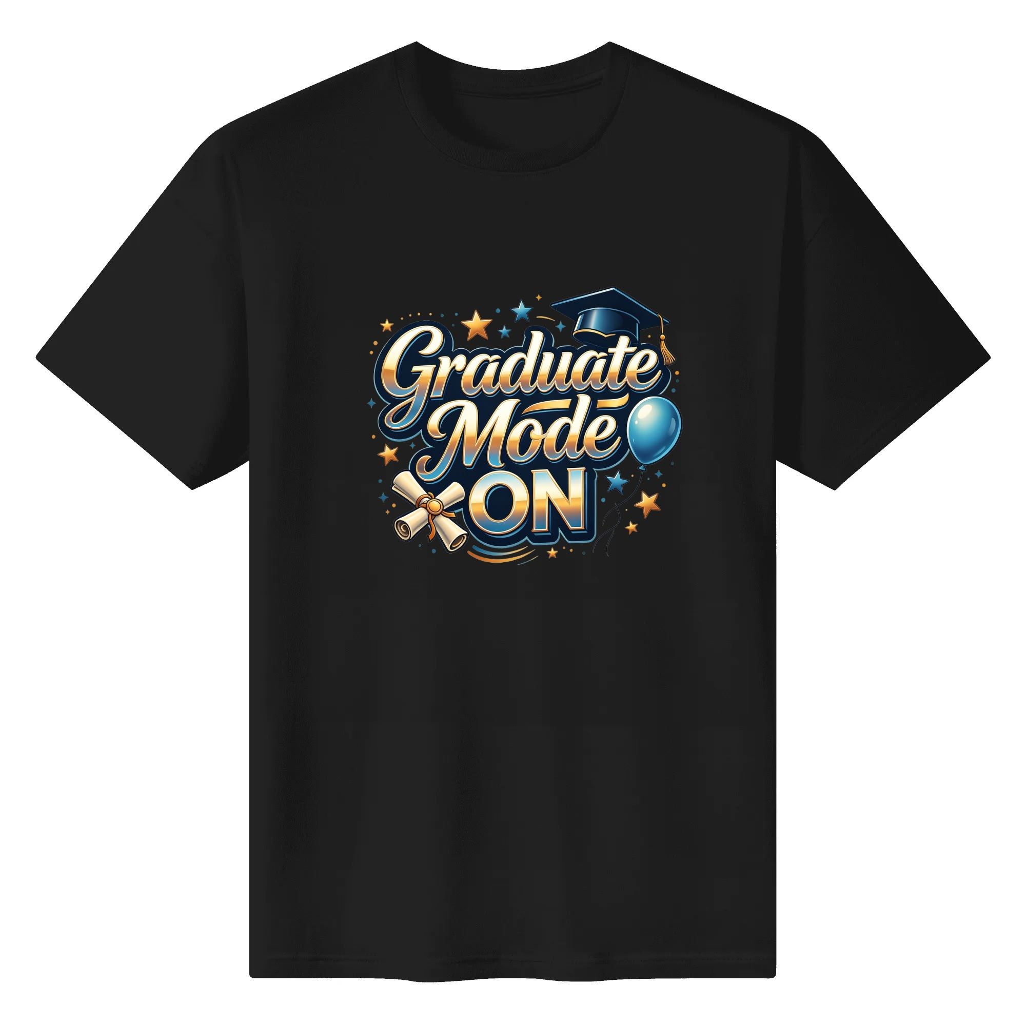 Black t-shirt with "Graduate Mode On" graphic, gold and blue graduation print, unisex crewneck tee