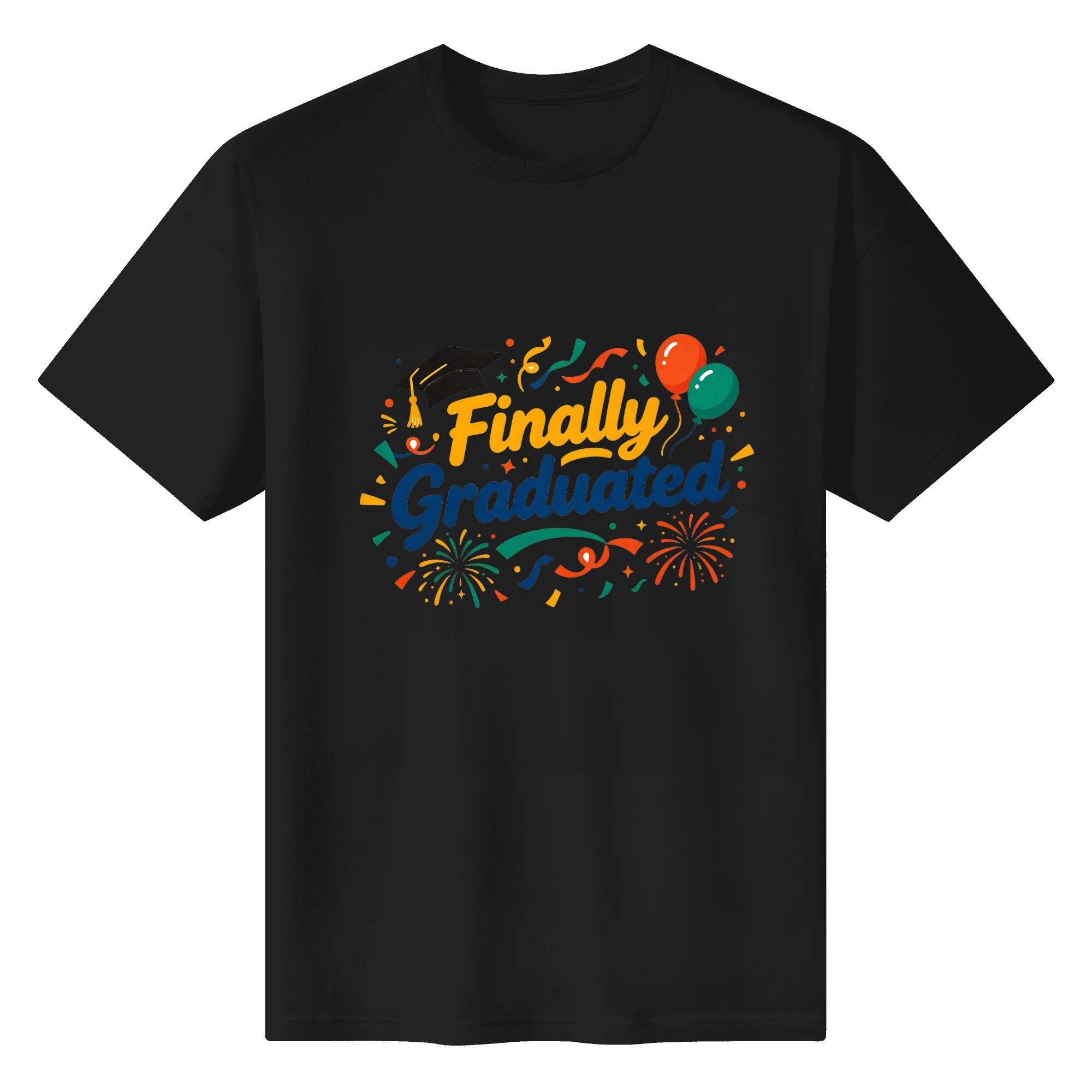 Black short-sleeve crewneck T-shirt with “Finally Graduated” graphic, featuring a graduation cap, balloons, confetti, and fireworks in bright, festive colors.