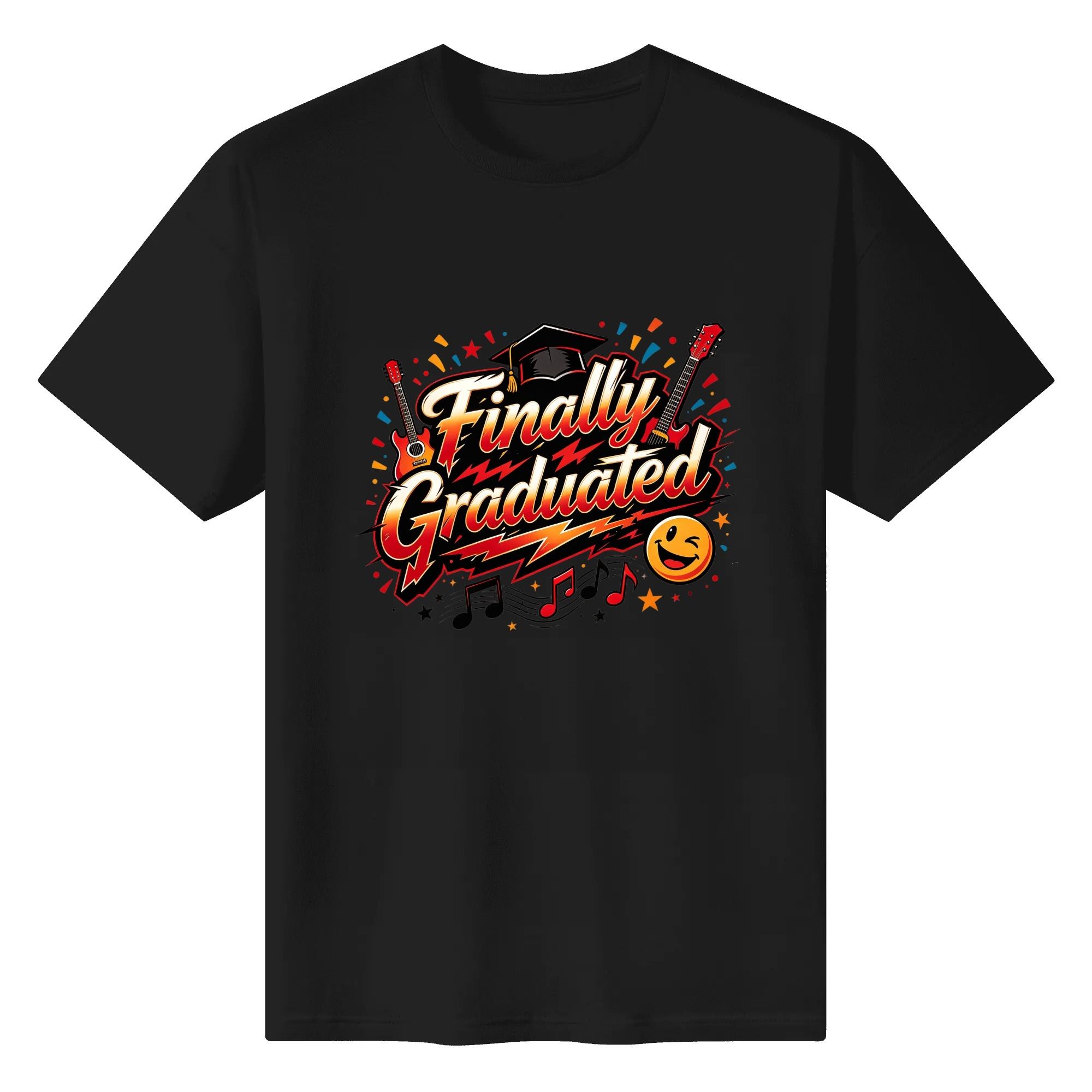 Black crewneck T-shirt with a bold rock-inspired “Finally Graduated” graphic, featuring electric guitars, a graduation cap, music notes, confetti, and a smiley face.