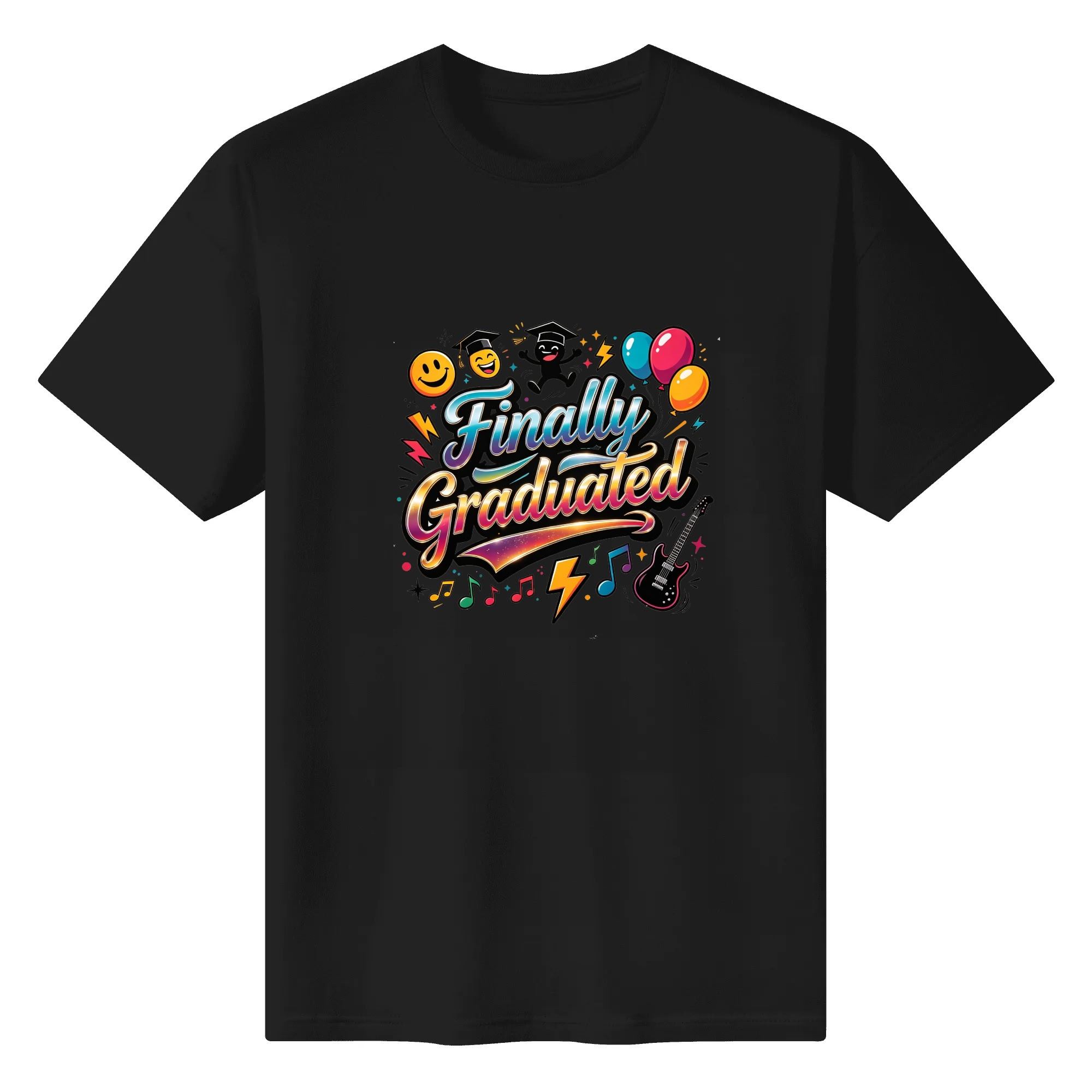 Black crewneck T-shirt with a vibrant, playful “Finally Graduated” graphic, featuring smiley faces, graduation characters, balloons, music notes, and an electric guitar.