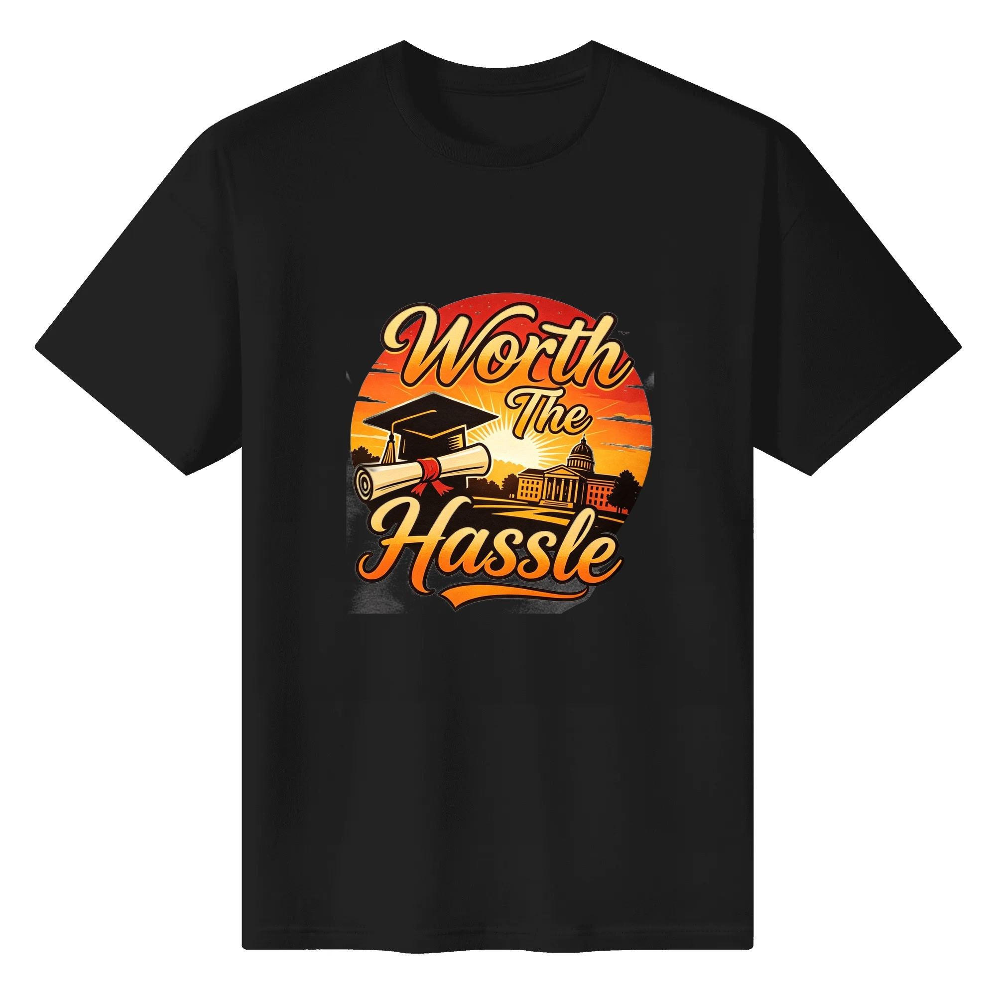 Black crewneck T-shirt with a retro sunset-style “Worth The Hassle” graphic, featuring a graduation cap, diploma, and classic campus silhouette.