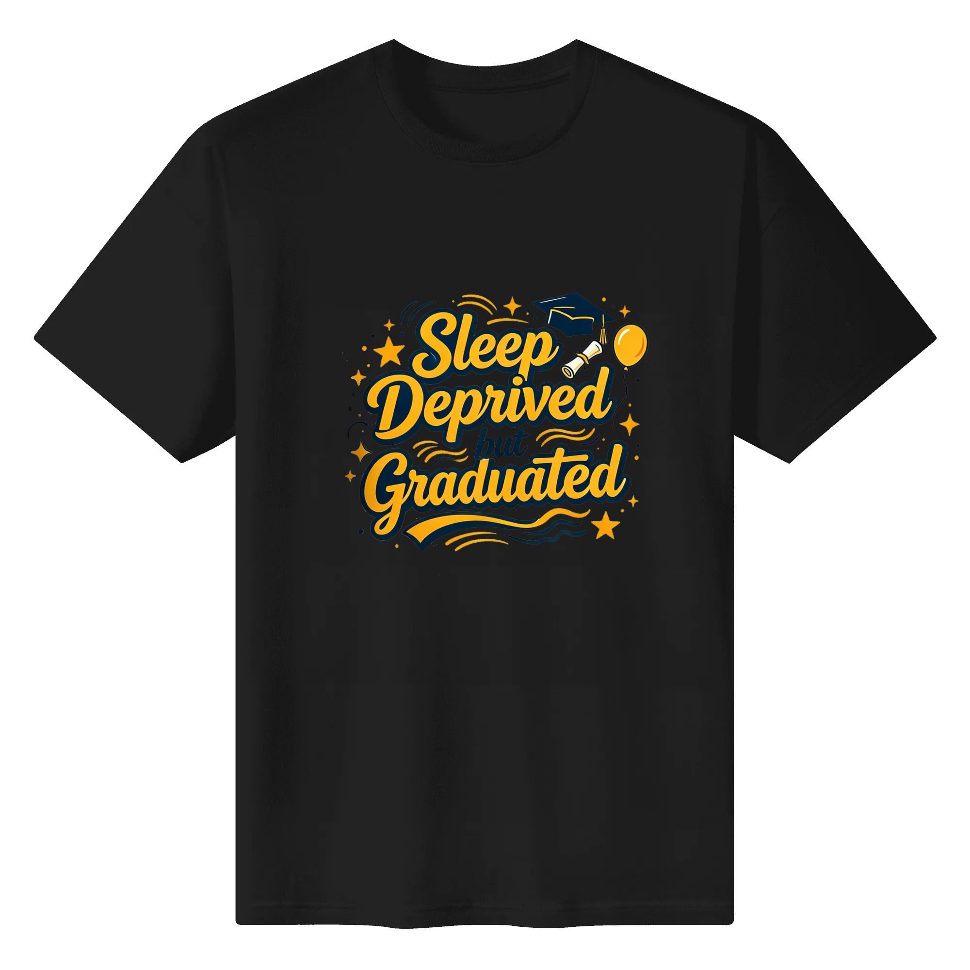 Black crewneck T-shirt with a playful “Sleep Deprived but Graduated” graphic, featuring yellow lettering, graduation cap, diploma, balloon, and star accents.