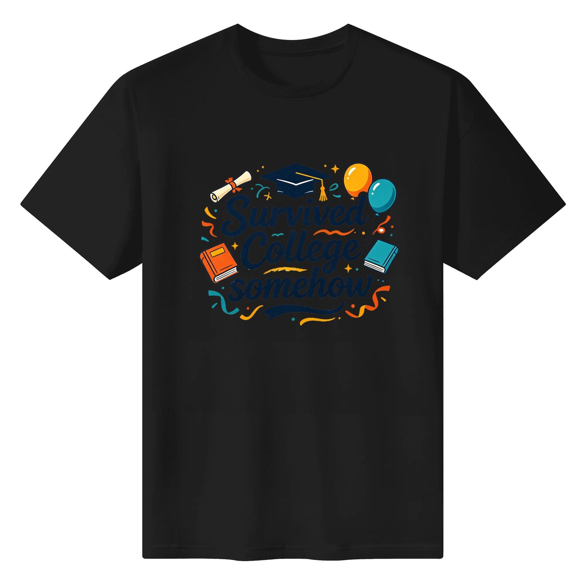 Black crewneck T-shirt with a playful “Survived College Somehow” graphic, featuring blue lettering, graduation cap, diploma, books, balloons, and confetti accents.