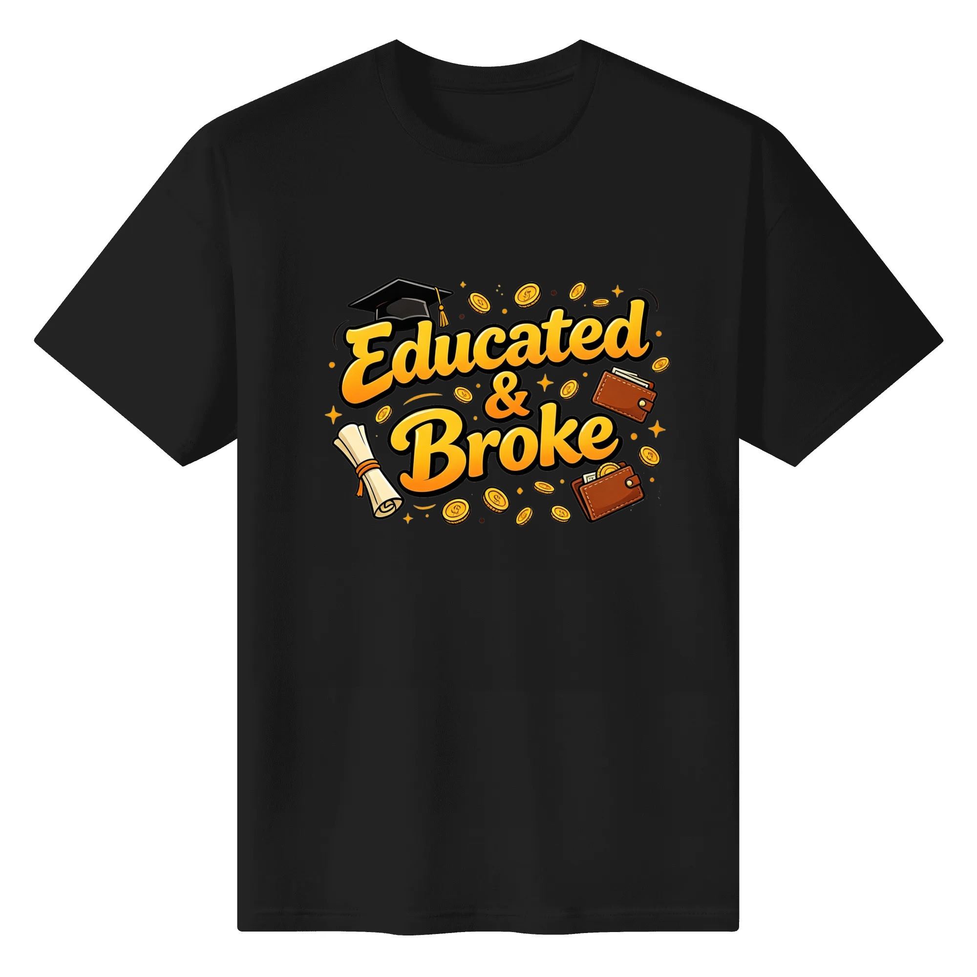Black crewneck T-shirt with the same “Educated & Broke” graphic, offering a bold contrast to the colorful design.