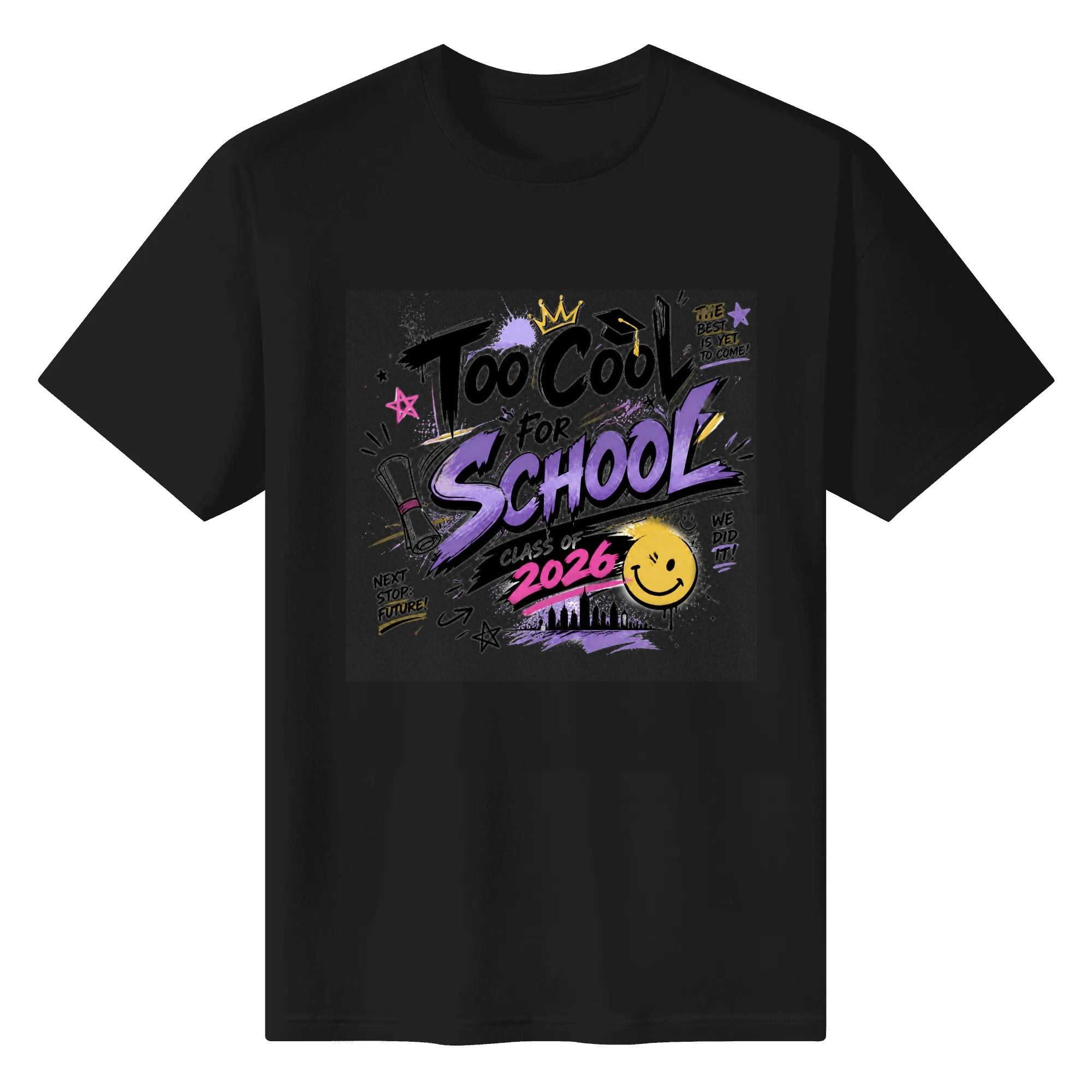 Black crewneck T-shirt with the same vibrant “Too Cool For School Class of 2026” graffiti graphic, offering a bold contrast to the colorful design.