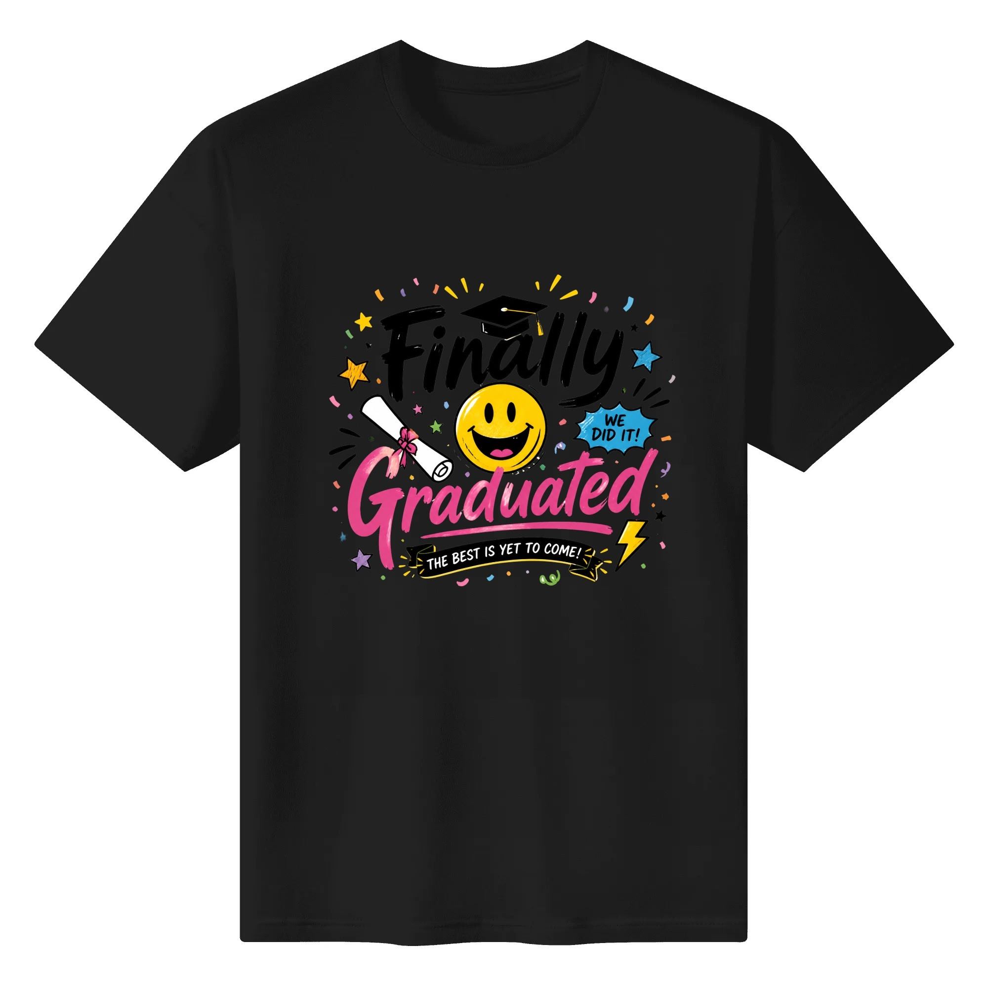 Black crewneck T-shirt with the same vibrant “Finally Graduated” graphic, offering a bold contrast to the colorful, celebratory design.