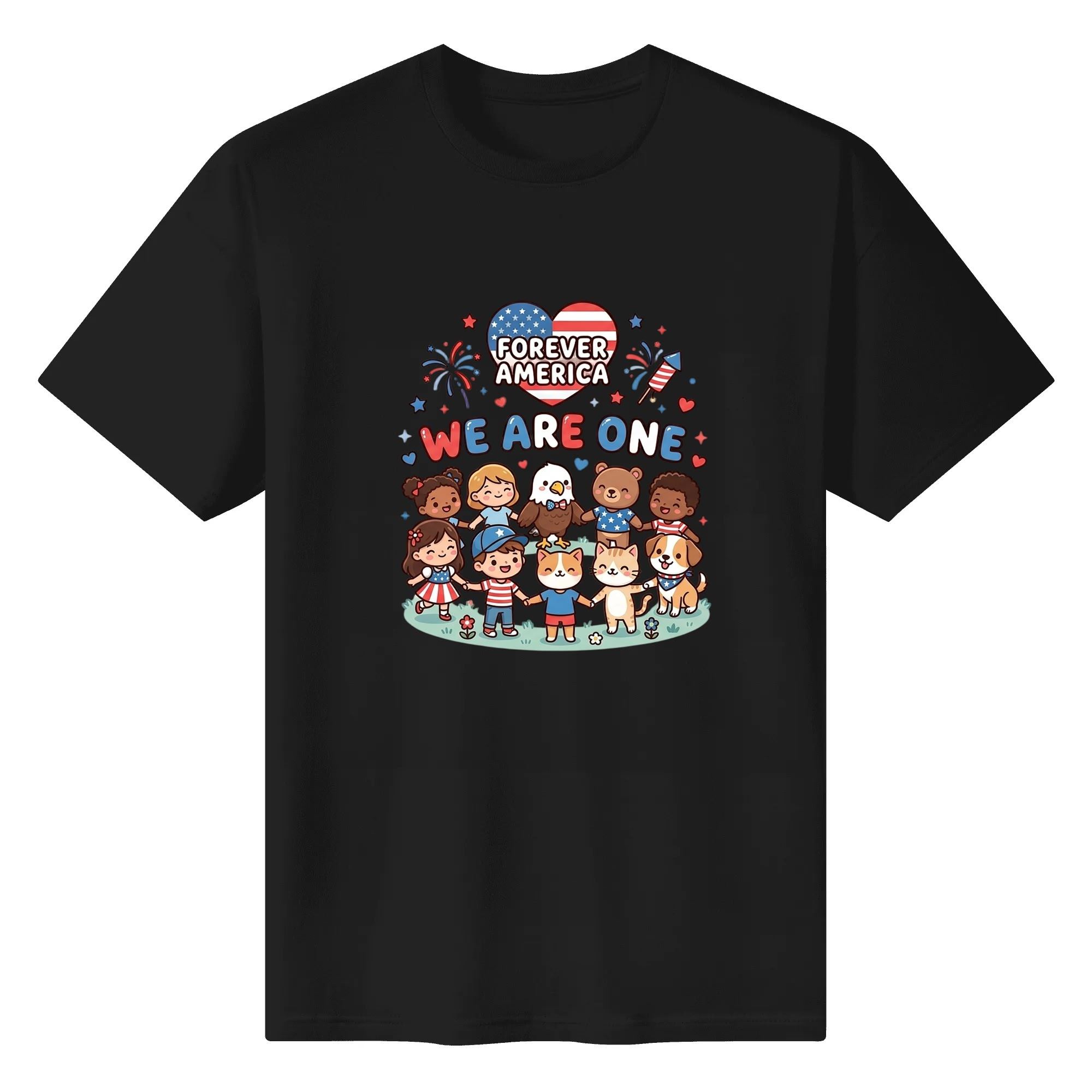 Black t-shirt flat lay with the same "Forever America We Are One" print, highlighting the design against a dark background.