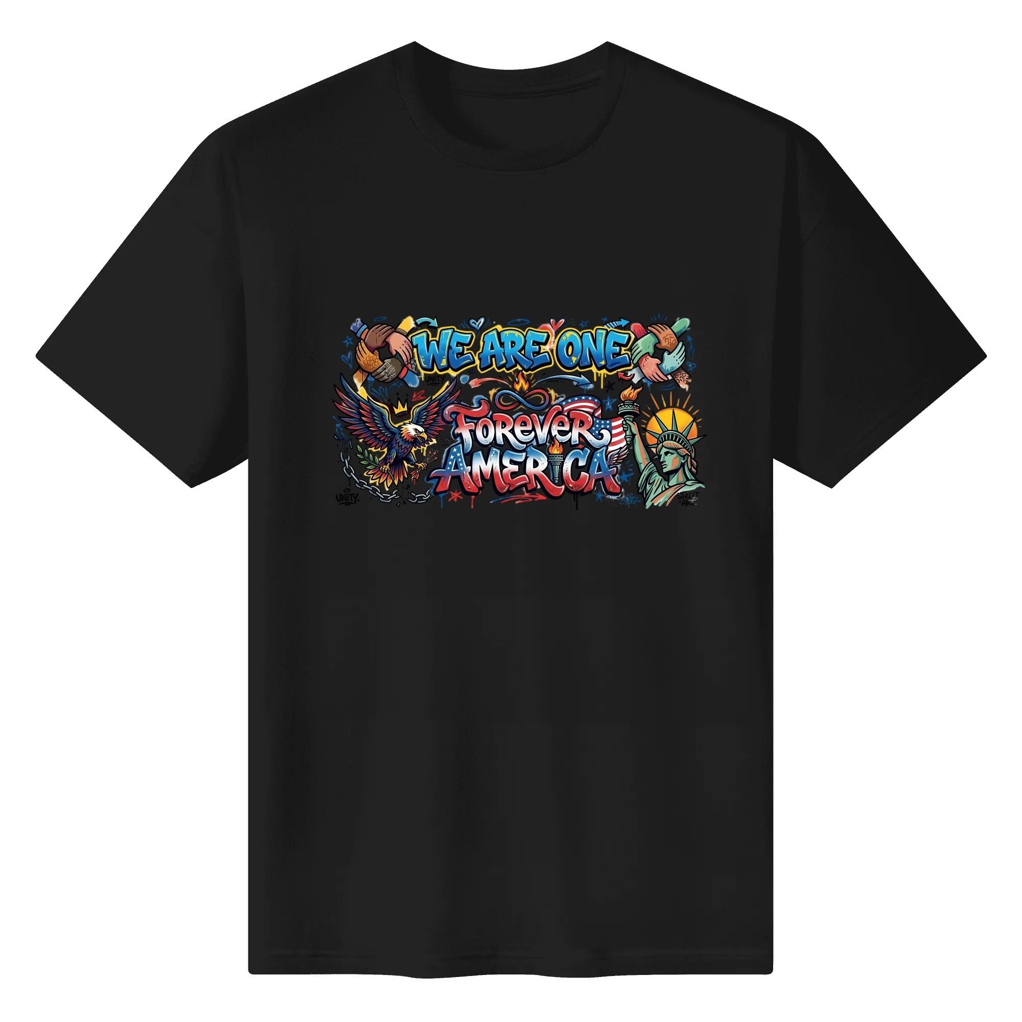 Black t-shirt flat lay with the same "We Are One Forever America" print, highlighting the vivid design against a dark background.