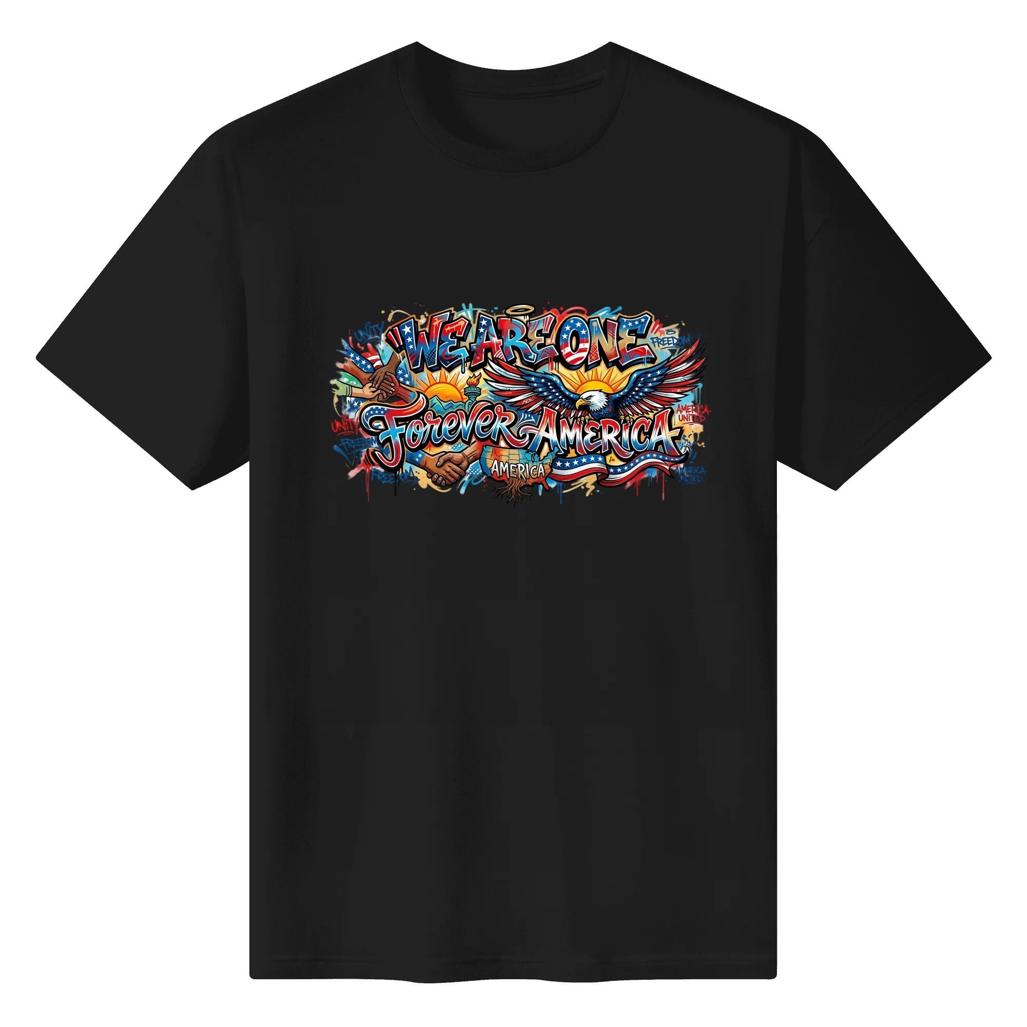 Flat lay of black version tee with identical We Are One Forever America graffiti patriotic artwork against dark fabric.