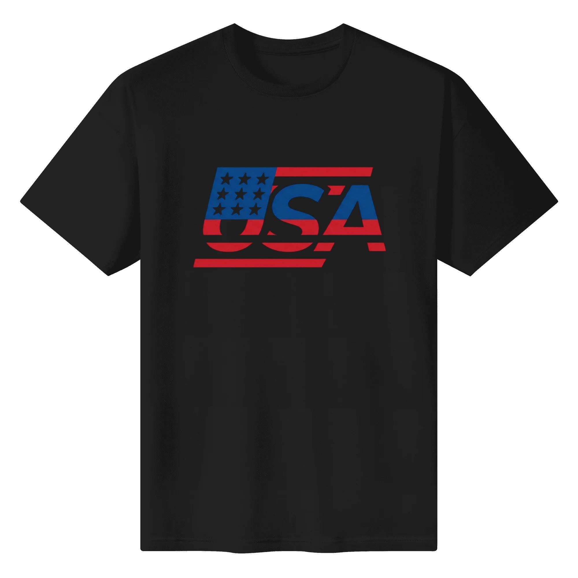 Flat lay of black crew neck tee with identical red-white-blue USA flag letter graphic against dark fabric background.
