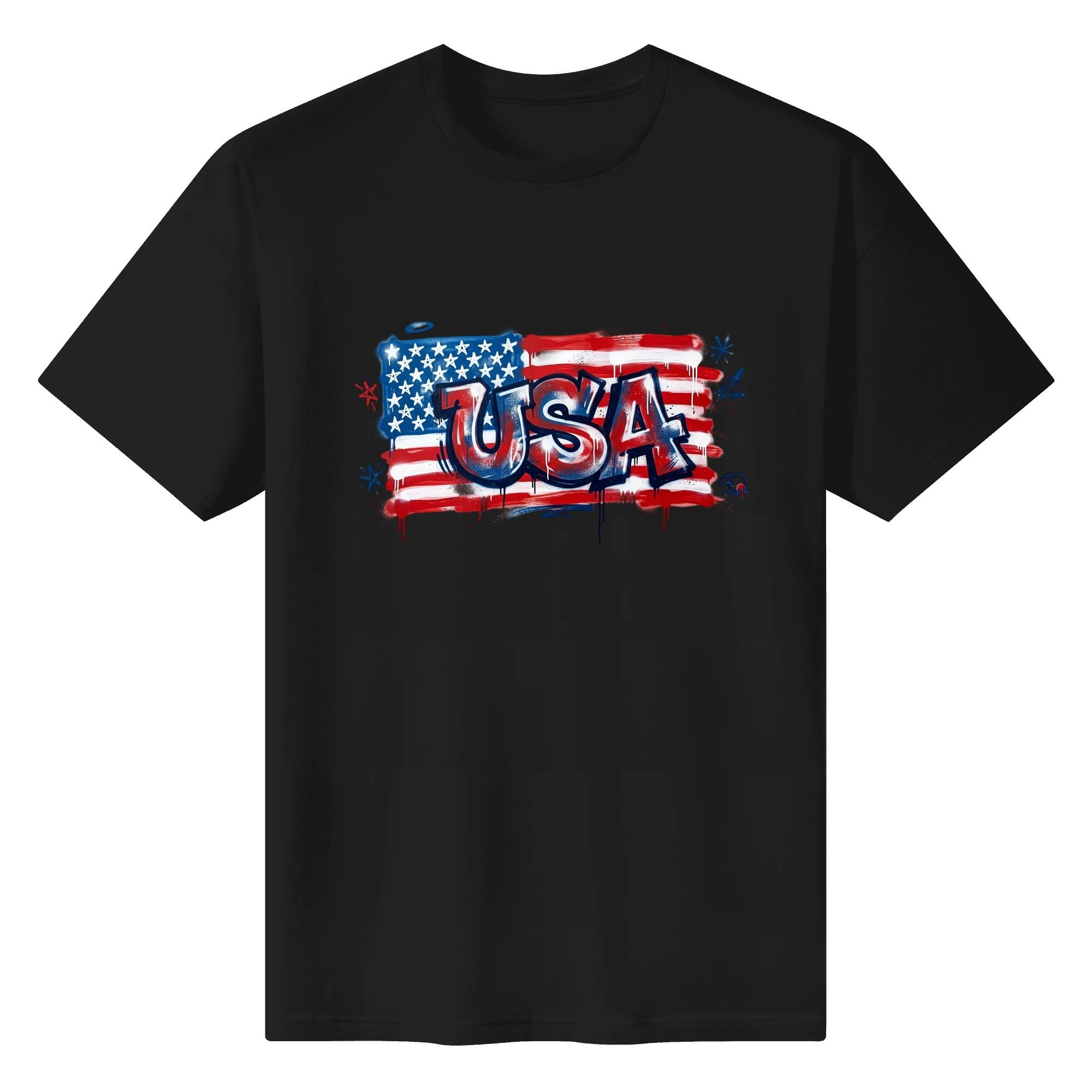Flat lay of black casual tee with identical graffiti drip USA flag patriotic artwork on dark fabric.