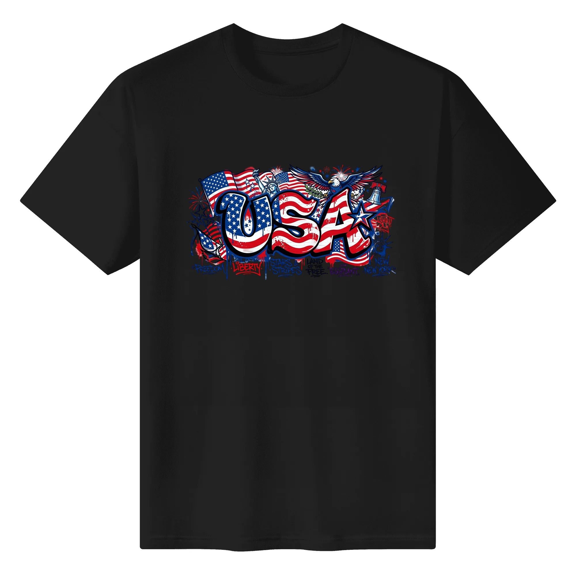 Black crew neck tee flat lay, same graffiti USA eagle patriotic print highlighted against dark fabric.